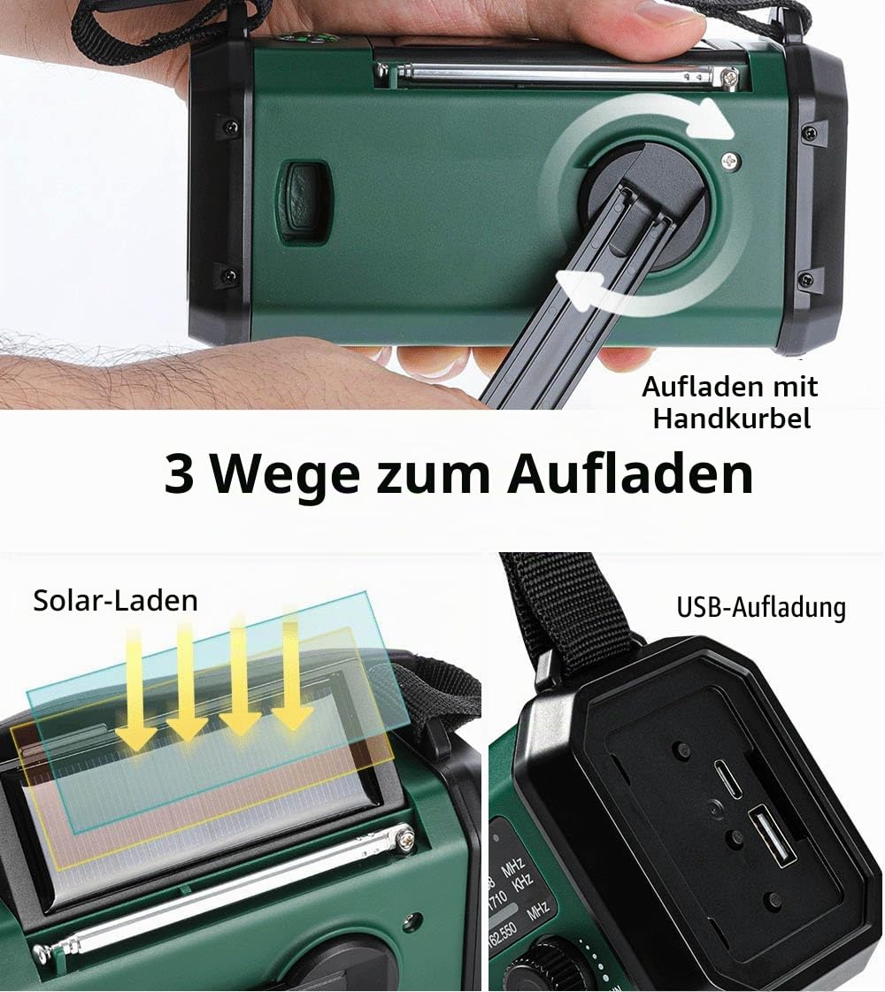 Winnes Notfall Wetter Radio, Akku, Tragbar Radio mit SOS-Alarm, 20000 mAh, Kurbel, Solarradio, AM/FM, Leselampe, Taschenlampe, Kompass für den Außenbereich, Ladegerät für Smartphones(Schwarz)