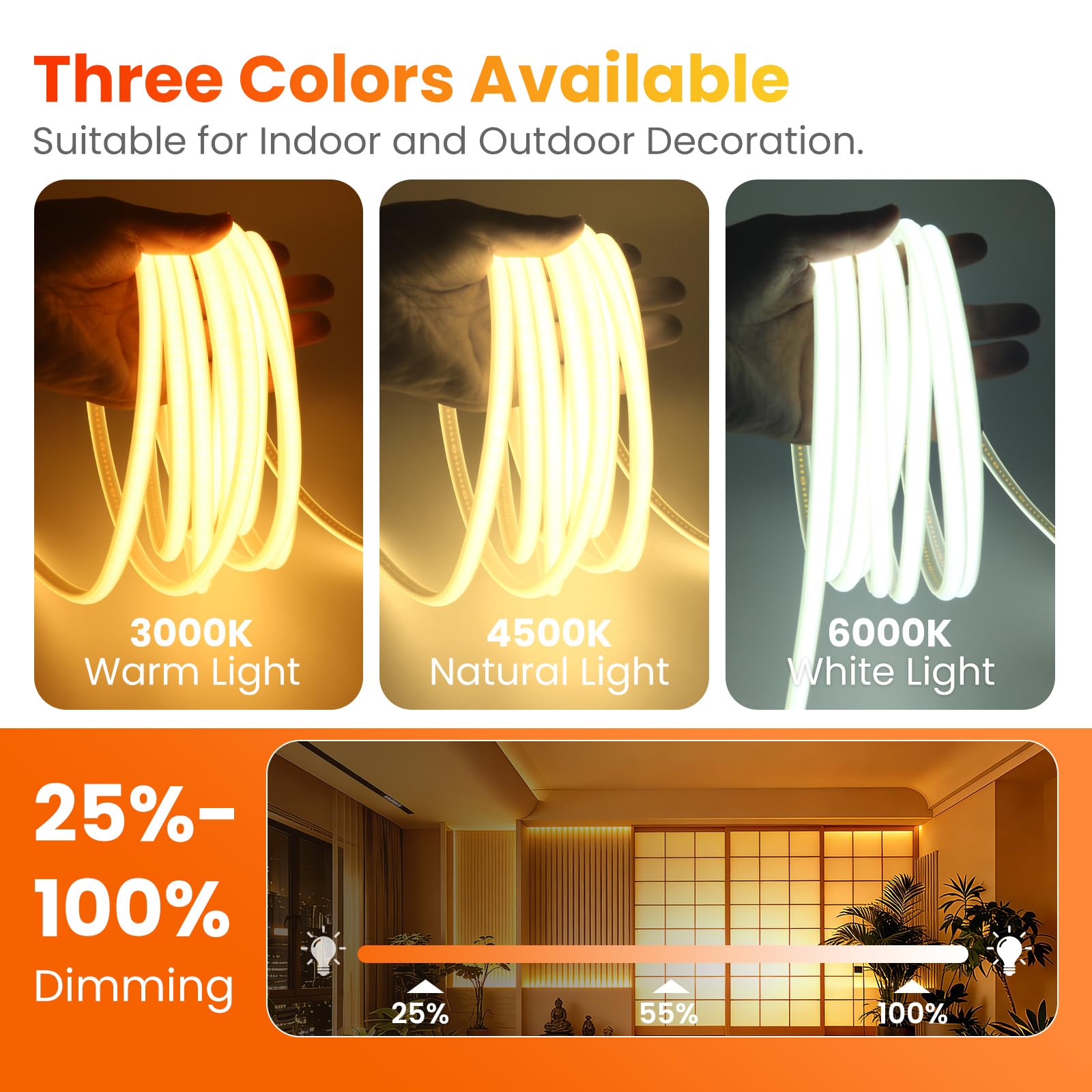 KISUFU Tira LED COB 220V, 288 LEDs/m IP65 Impermeable Neon Luces de LED Light Strip con Temporizador de 3 etapas de 4 teclas Para Habitacion, Dormitorio, Patio.