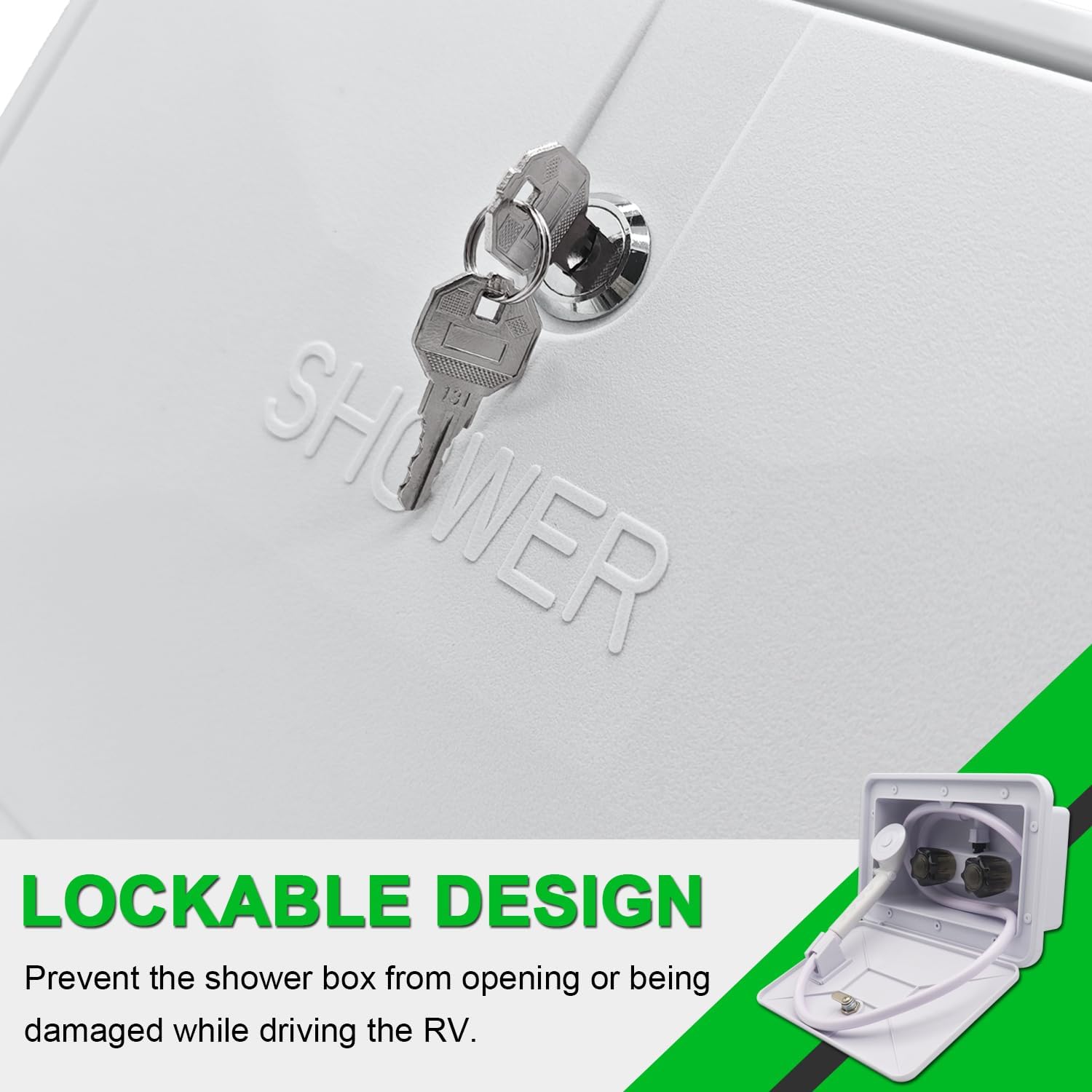 RV Exterior Shower Enclosure Box Kit Lockable System with 2.5 GPM Shower Head and 59-Inch Length Rustproof Hose Portable Outdoor Faucet Replacement for Camper Van Motorhome Trailer(White)