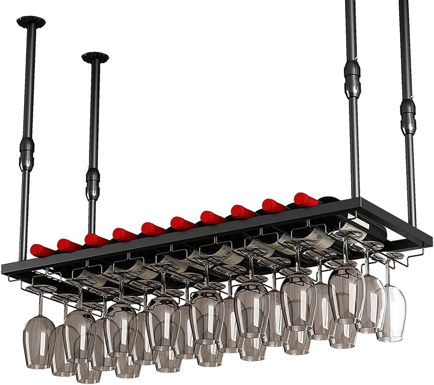 Industrial Hanging Wine Rack with Glass Holder and Shelf, Adjustable Hanging Bar Wine Glass Rack Ceiling, Wine Glass Rack Hanging from Ceiling, Metal Iron Wine Shelf, Perfect for B