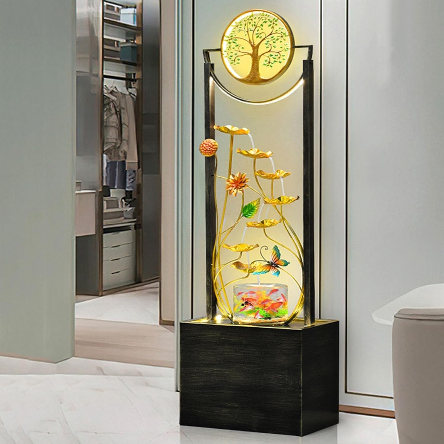 Outdoor Garden Water Fountain Chinese Waterfall Indoor Fountain, Floor Standing Water Fountain with Fish Tank, for Home Office Landscape Decor Fengshui Gift Contemporary Water Feature (Size : 02)
