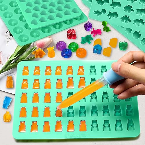 Miniatura 6 de Juego de 5 moldes de goma de silicona, moldes de silicona para dulces con 2 cuentagotas para un relleno cómodo, juego de moldes de gomita incluye