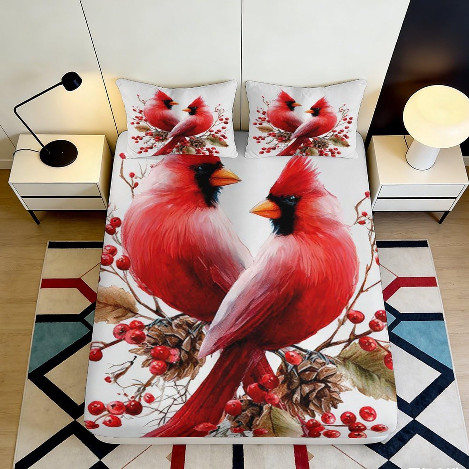 3D Printed Red Cardinal Bird Fitted Sheet Microfiber Anti-Slip Berry Branch Mattress Cover for Bedroom Decor 120x200x25cm