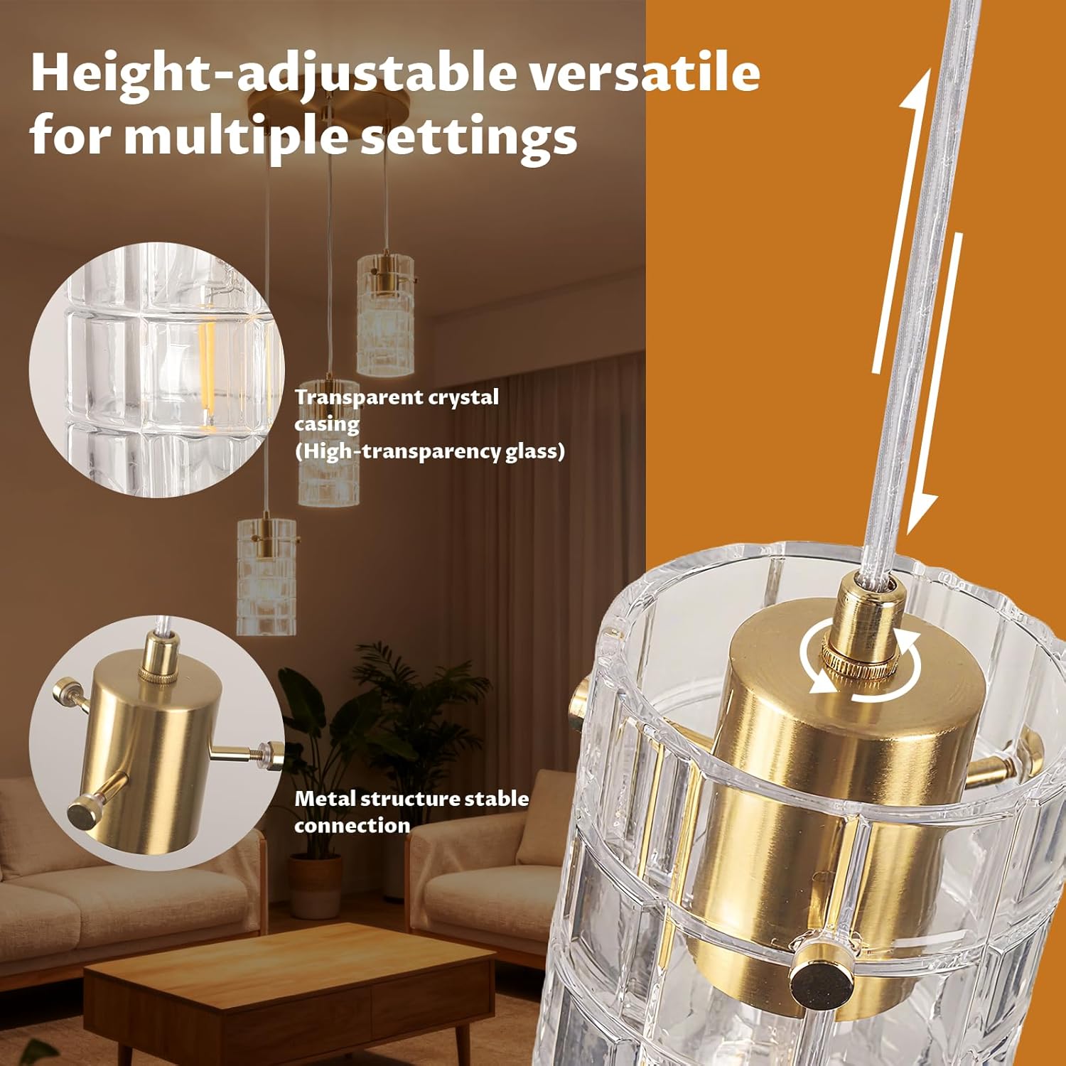 Modern Glass Pendant Light, Copper Finish 3-Light Chandelier for Kitchen Island/Dining, Height Adjustable, E26 Sockets, Bulbs Not Included