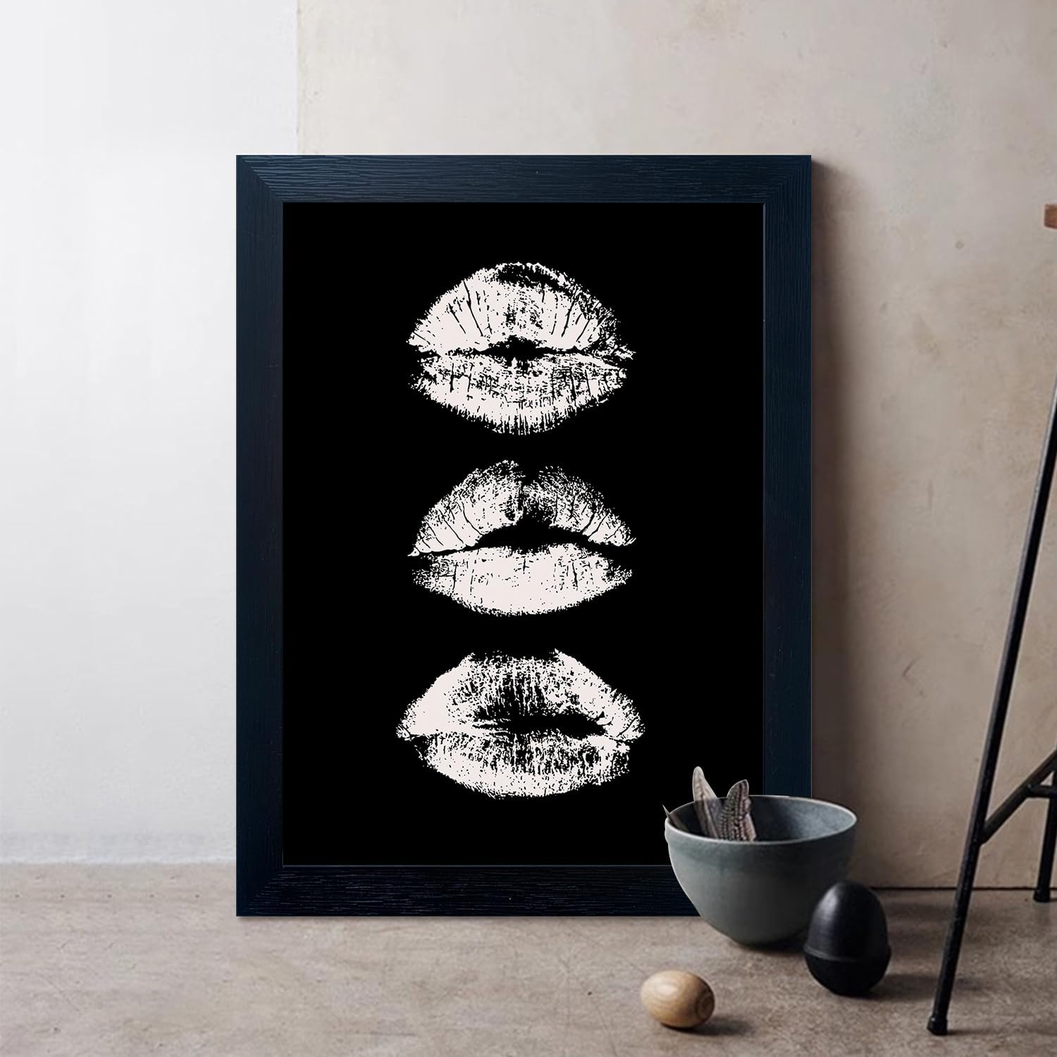 Framed Black and White Kiss Lips Canvas Print Girls Bathroom Painting for Wall Woman Makeup Room Decor Fashion Wall Art Trendy Artwork
