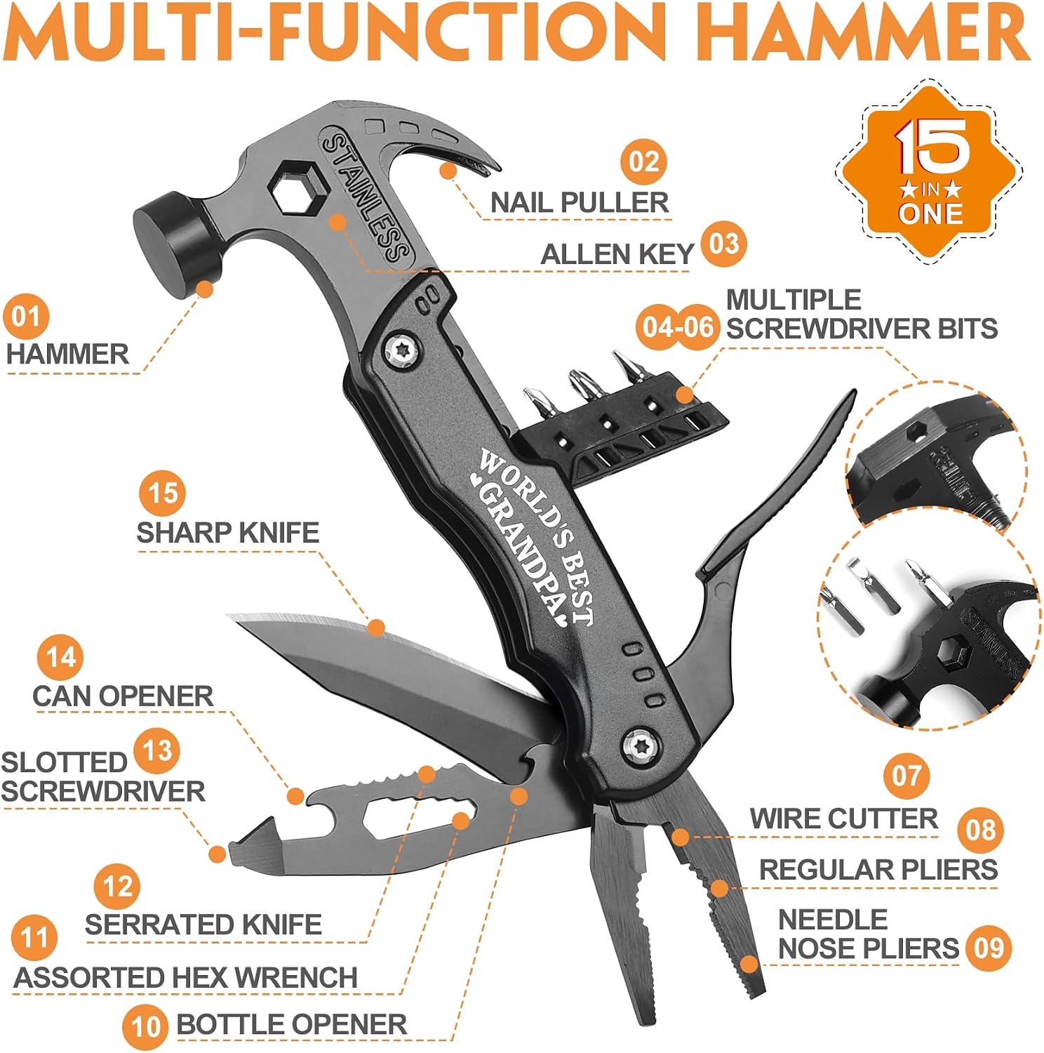 Grandpa Gifts - Grandpa Fathers Day Gift, Gifts for Grandpa - "WORLD'S BEST GRANDPA" 15 in 1 Multitool Hammer - Fathers Day Grandpa Gifts from Grandchildren, Christmas Birthday Gift Ideas for Grandpa image 2