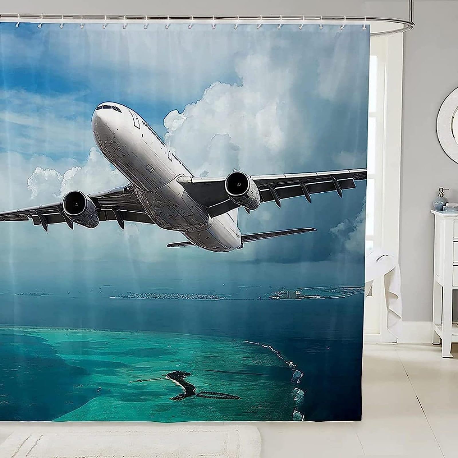 AALAYA Aeroplane Shower Curtain, Easy Care Waterproof Polyester 3D Print Aircraft Bath Curtains, Bathroom Shower Curtains Mould Proof Resistant 120 x 180 cm Includes Hooks