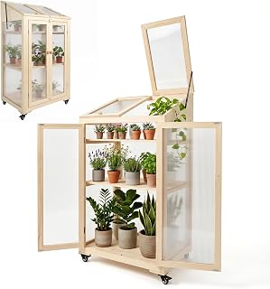 Dual Independently Openable Flip‑Top Lid, Removable Shelves & Handles, Plant Greenhouse for Balcony Patio Indoor Outdoor Wooden Cold Frame Greenhouse with Wheels 3‑Tier Flower Planter Shelf