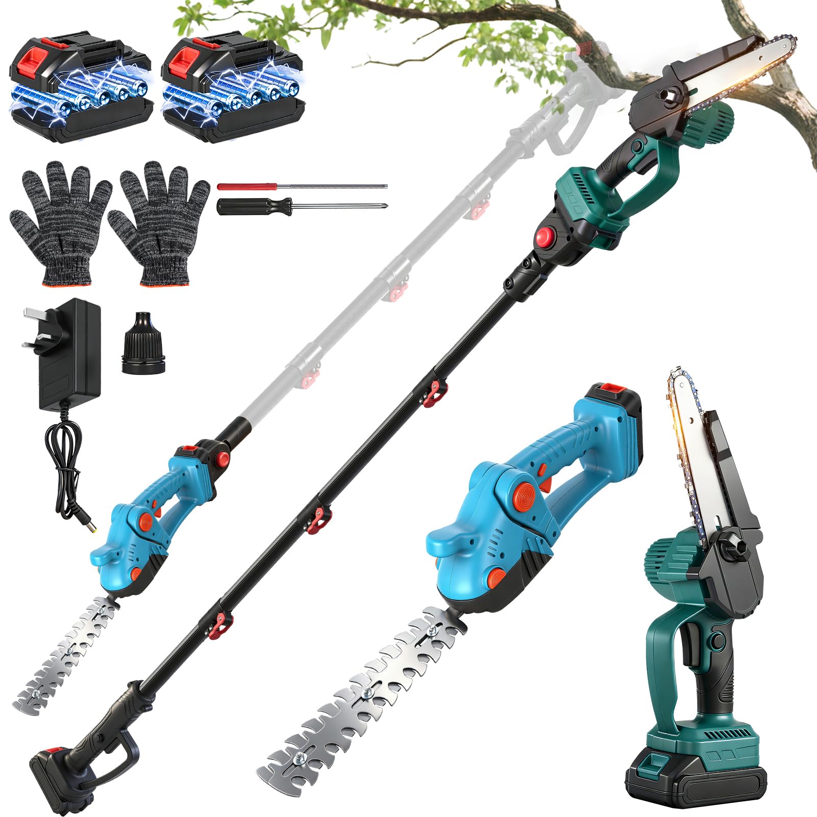 4-in-1 Cordless Hedge Trimmer & Chainsaw Set - 21V Battery Powered Electric Pole Saw & Hedge Cutter, Pure Copper Motor, 2 * 2.0Ah Battery Rechargeable, for Garden Tree Trimming, Grass Trimmer