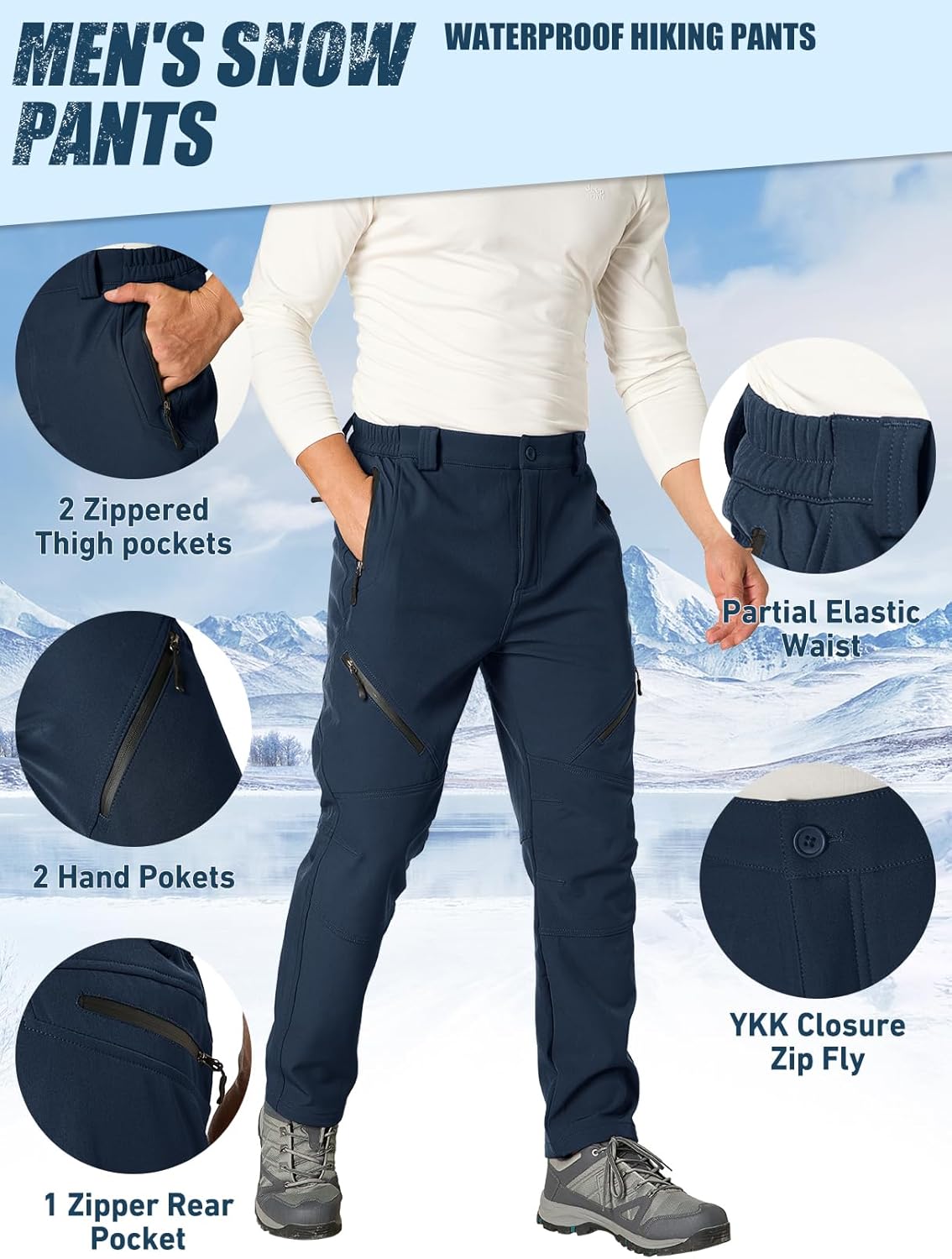 Men's Snow Ski Waterproof Fleece Lined Pants Winter Insulated Outdoor Hiking Mountain Softshell - Image 3