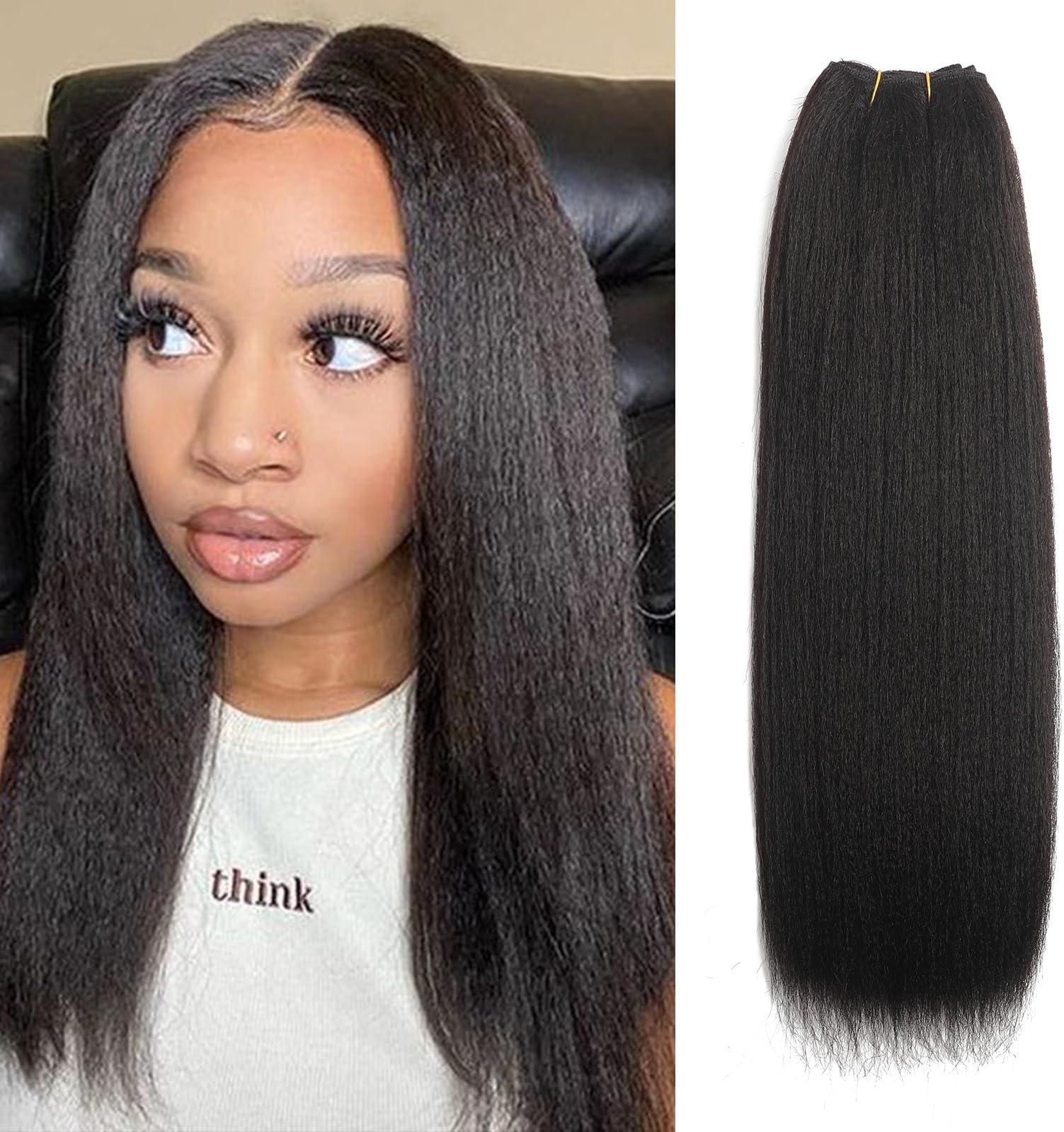 Kinky Straight Bundle Synthetic Hair Extensions 14 inch 1 Bundle Yaki Kinky Straight Bundles for Black Women Natural Color