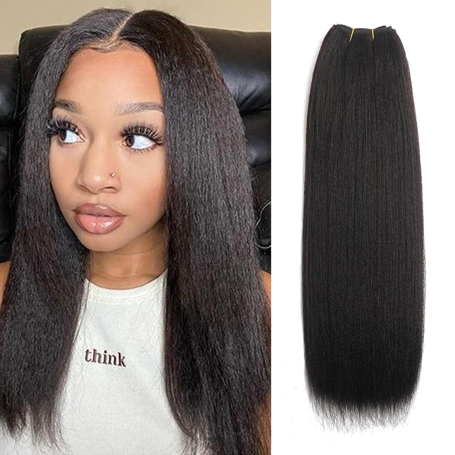 Kinky Straight Bundle Synthetic Hair Extensions 22 inch 1 Bundle Yaki Kinky Straight Bundles for Black Women Natural Color
