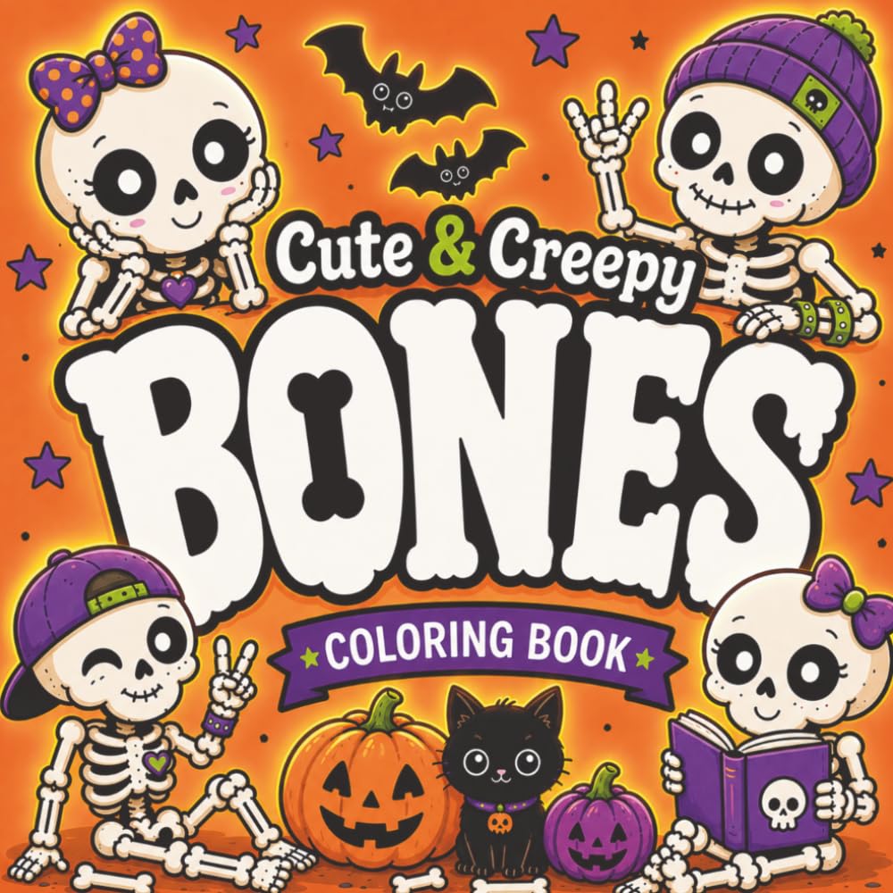 Cute & Creepy BONES Coloring Book for Ages 6+: Bold & Easy Coloring Book - Adorable Skeletons, Spooky-Cute Characters, Fun Halloween Scenes & Relaxing Designs with Animals