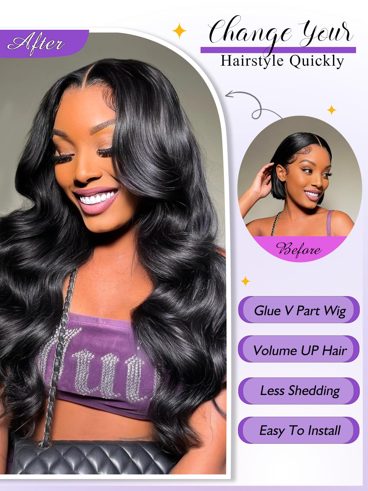 Amazon.com : Tahikie V Part Wig Human Hair Body Wave 200  display picture 3