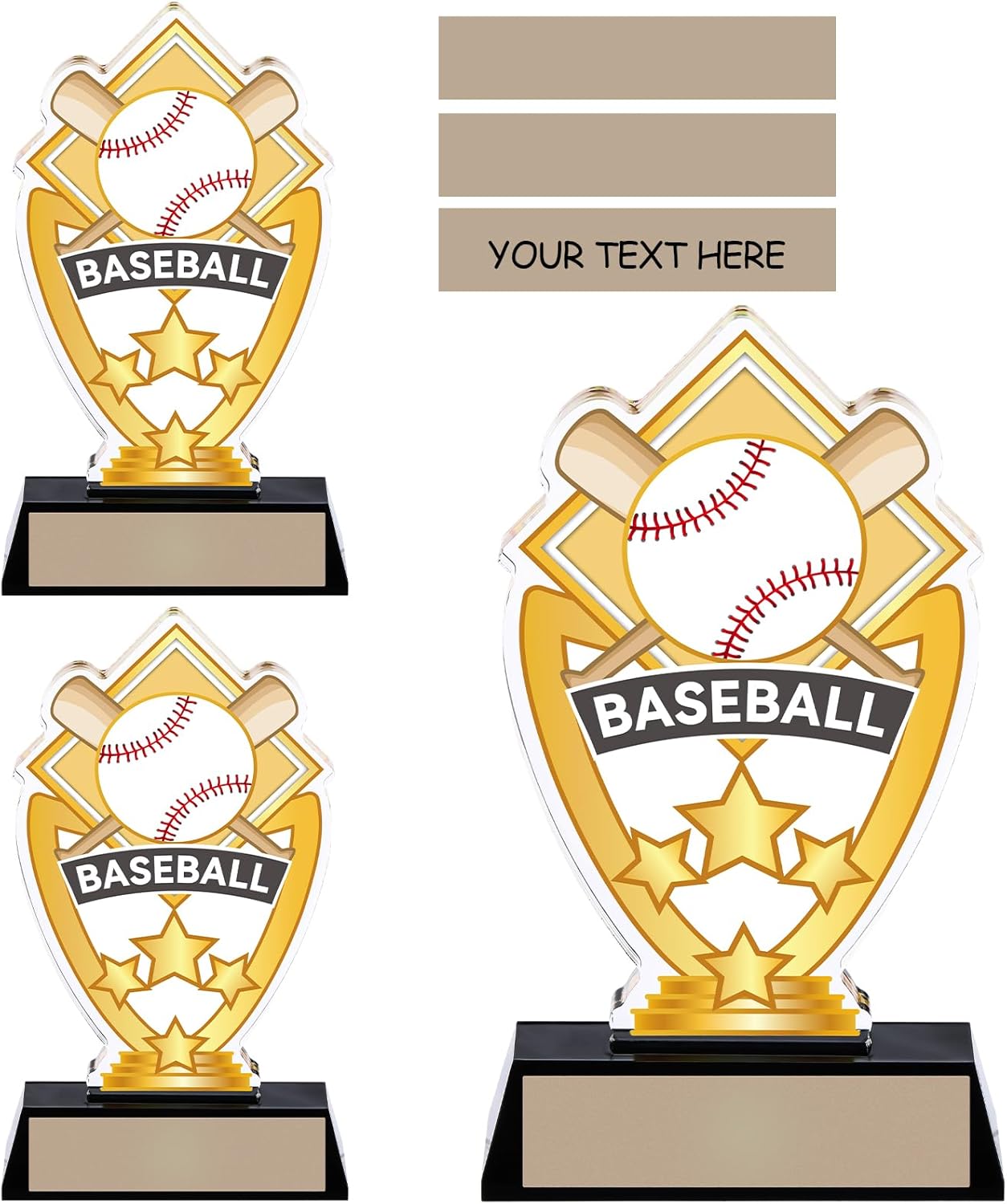 Gerrii Acrylic Trophies Awards with DIY Name Stickers Pack of 3 Champion Trophy Medals Team Reward Gift for Basketball Softball Baseball Competition Contest Tournament, 5.8/6.14/6.38inch