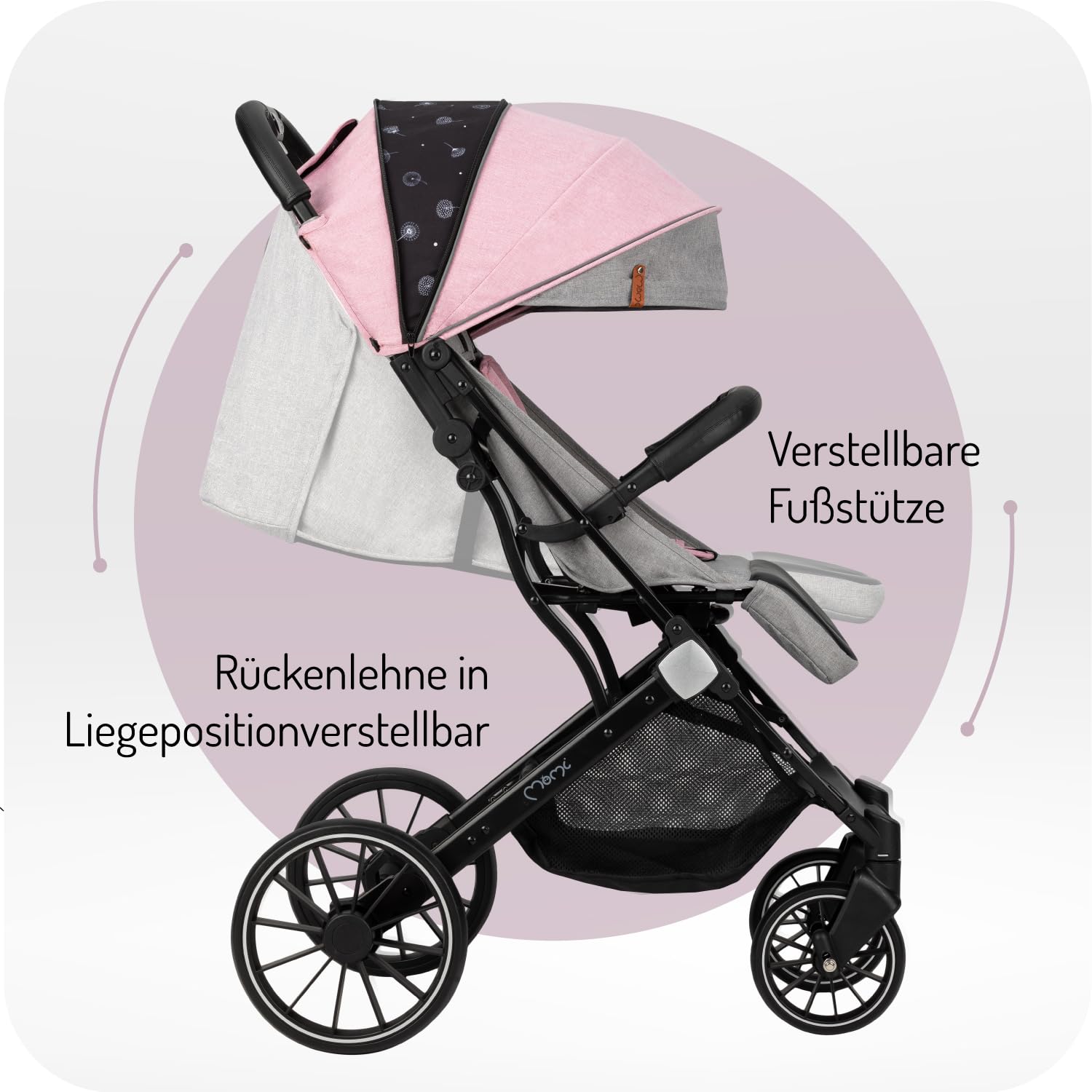 MoMi ESTELLE PLUS LIGHT Kinderwagen ab 6. Monat (bis 22 kg), klappbarer Buggy mit 5-Punkt-Sicherheitsgurt, Einkaufskorb und Liegefunktion, Teleskop-Stange zum Ziehen, steht nach dem Zusammenklappen