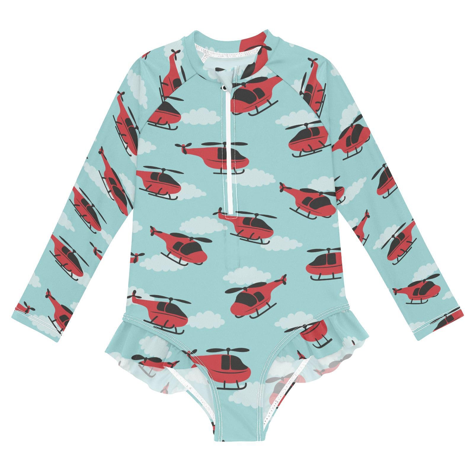 JHKKU Girls Long Sleeve Helicopters Swimsuit One Piece Zipper Rash Guard Bathing Suit with UPF 50+ Sun Protection Ruffle Swimwear 3T