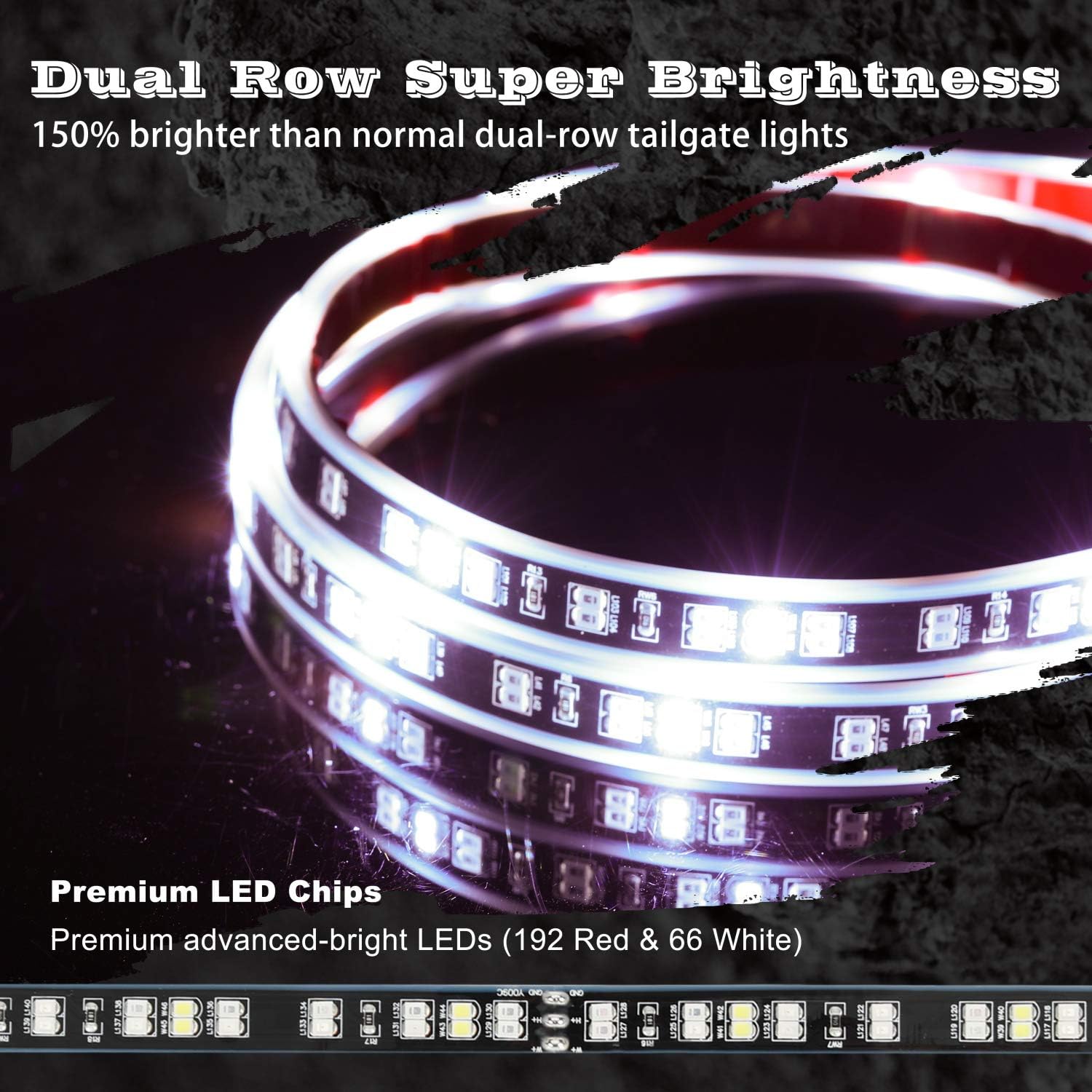 MJIYA LED Truck Tailgate Light Bar Strip, 60 Inch Red Brake Light White Reverse Running Turn Signal Tail Lights for Pickup Trailer Jeep SUV RV Van Dodge, No Drill Install (2 Row 60 Inch)