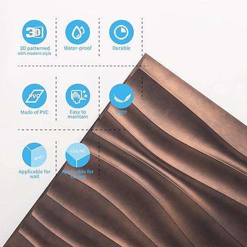 Miniatura 7 de Art3d Paneles ondulados de PVC para decoración de paredes interiores, azulejos de pared 3D texturizados de cobre antiguo, 19.7 x 19.7 pulgadas