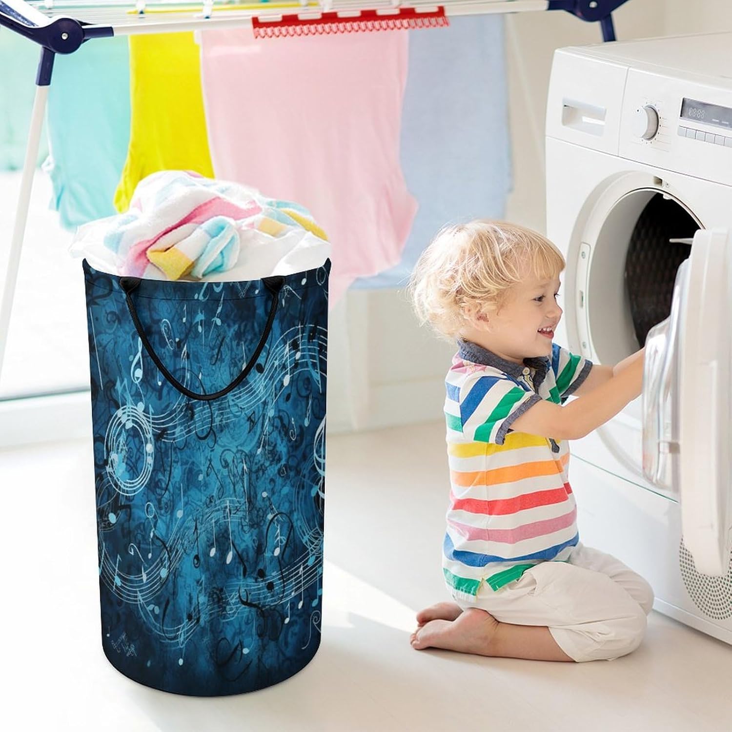 Blue Musical Notes Laundry Hamper Large Collapsible Laundry Basket with Handles Waterproof Clothes Hamper Portable Dirty Clothes Basket for Bedroom Laundry Room Closet Bathroom