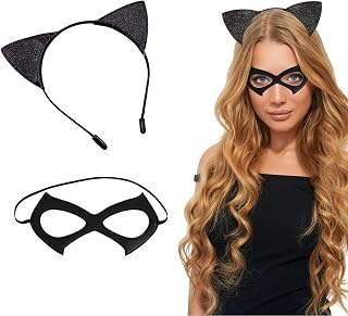 2PCS Halloween Cat Costume Accessories for Women - Black Cat Mask and Ears Headband Halloween Masquerade Cosplay Dress up Accessories for Women