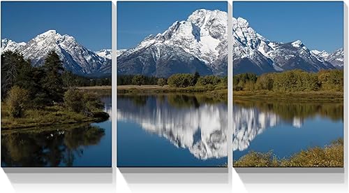 YONICA Lienzo decorativo de 3 paneles para pared, diseño de lago y árboles, color azul brillante, reflejo de montañas, pinturas sobre lienzo para
