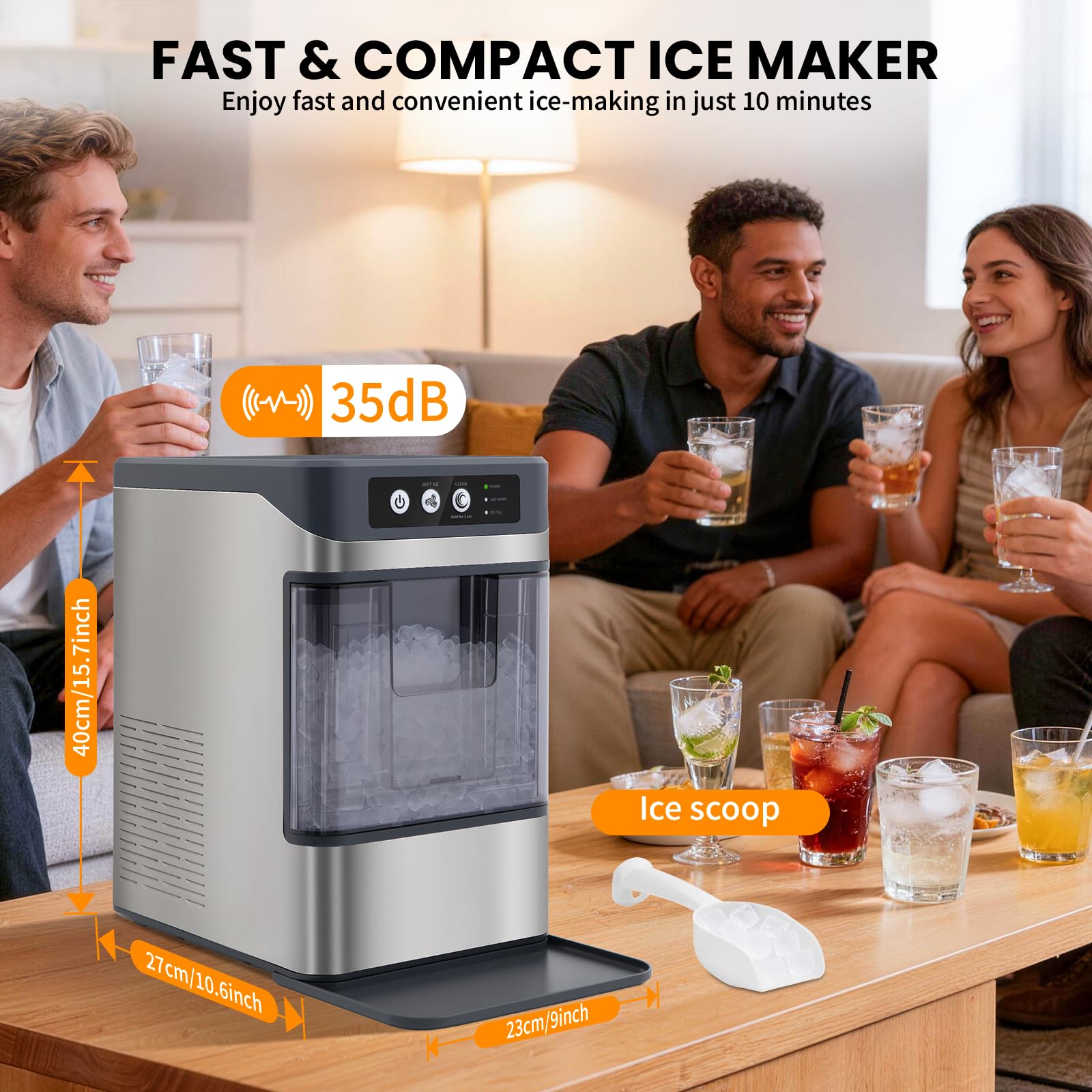 Eiswürfelmaschine 15kg/24h – Nugget-Eis in 6 Min, Crushed Ice, automatische Reinigung, 120W, mit Infrarot-Sensor, energiesparend, Schwarz