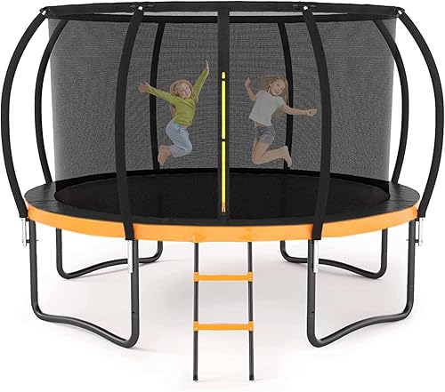 Trampolín de 12 pies/14 pies para niños y adultos – Trampolín recreativo al aire libre con red de cierre, postes curvos y escalera, resistente