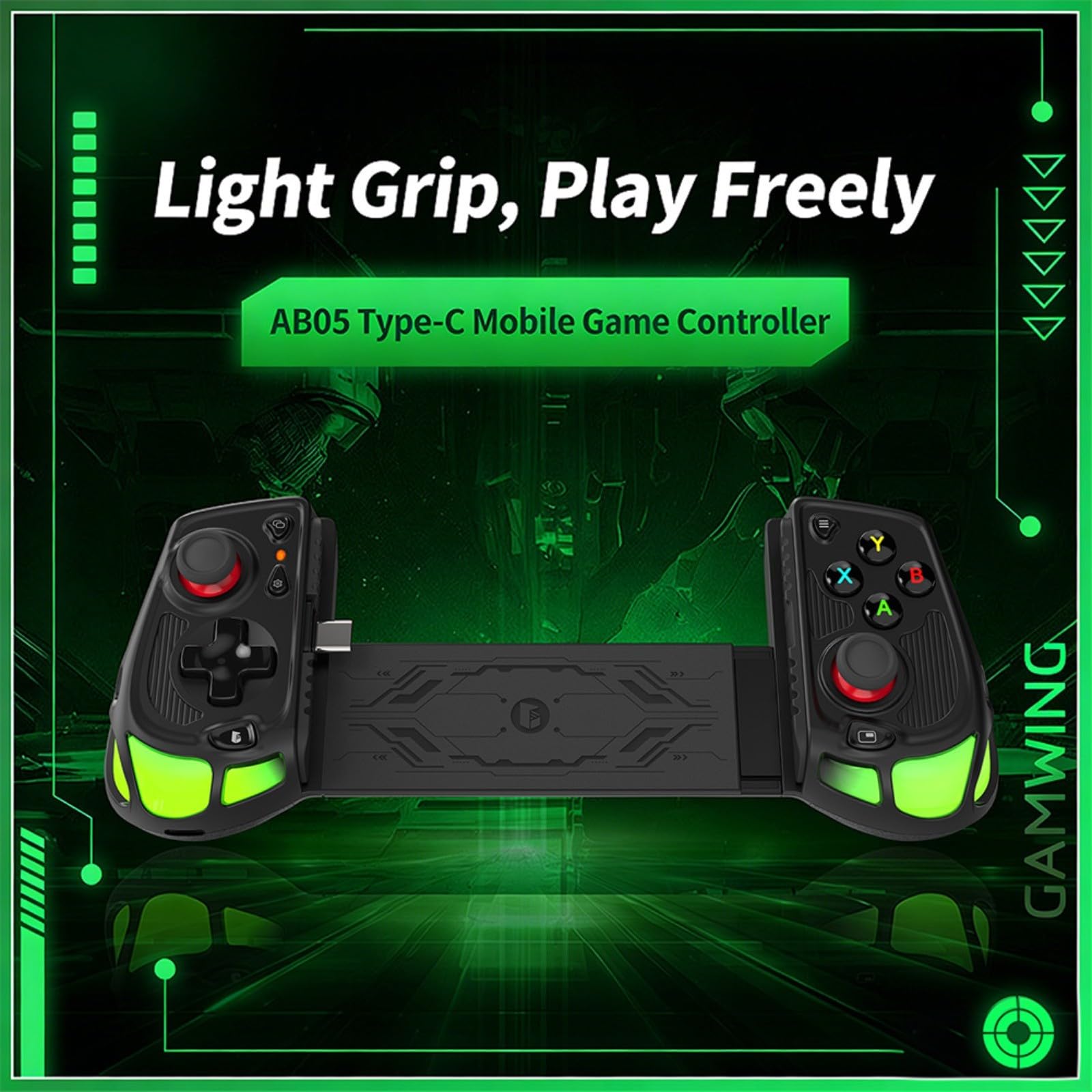 Controller di gioco mobile RGB con joystick effetto Hall, gamepad USB-C ergonomico per Android e per IOS, pulsanti personalizzabili e luce RGB, nero