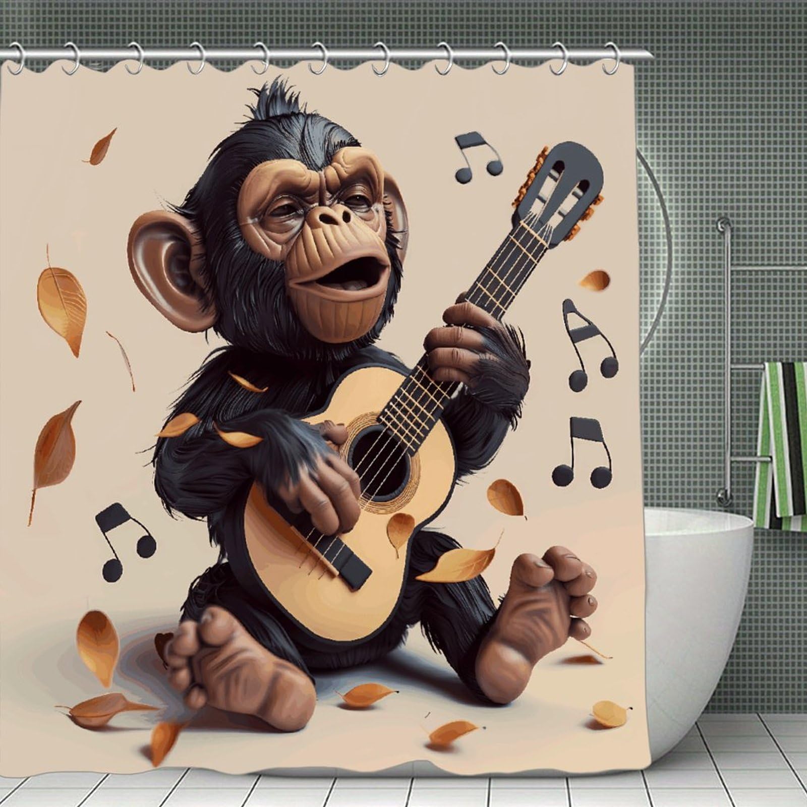 FekiLoot Monkey Music Shower Curtain with Hooks Modern Farmhouse Bathroom Curtain Waterproof Cloth Bath Curtains Cute Washable Blackout Privacy Curtains for Bathroom Bathtub 70.8"x70.8"