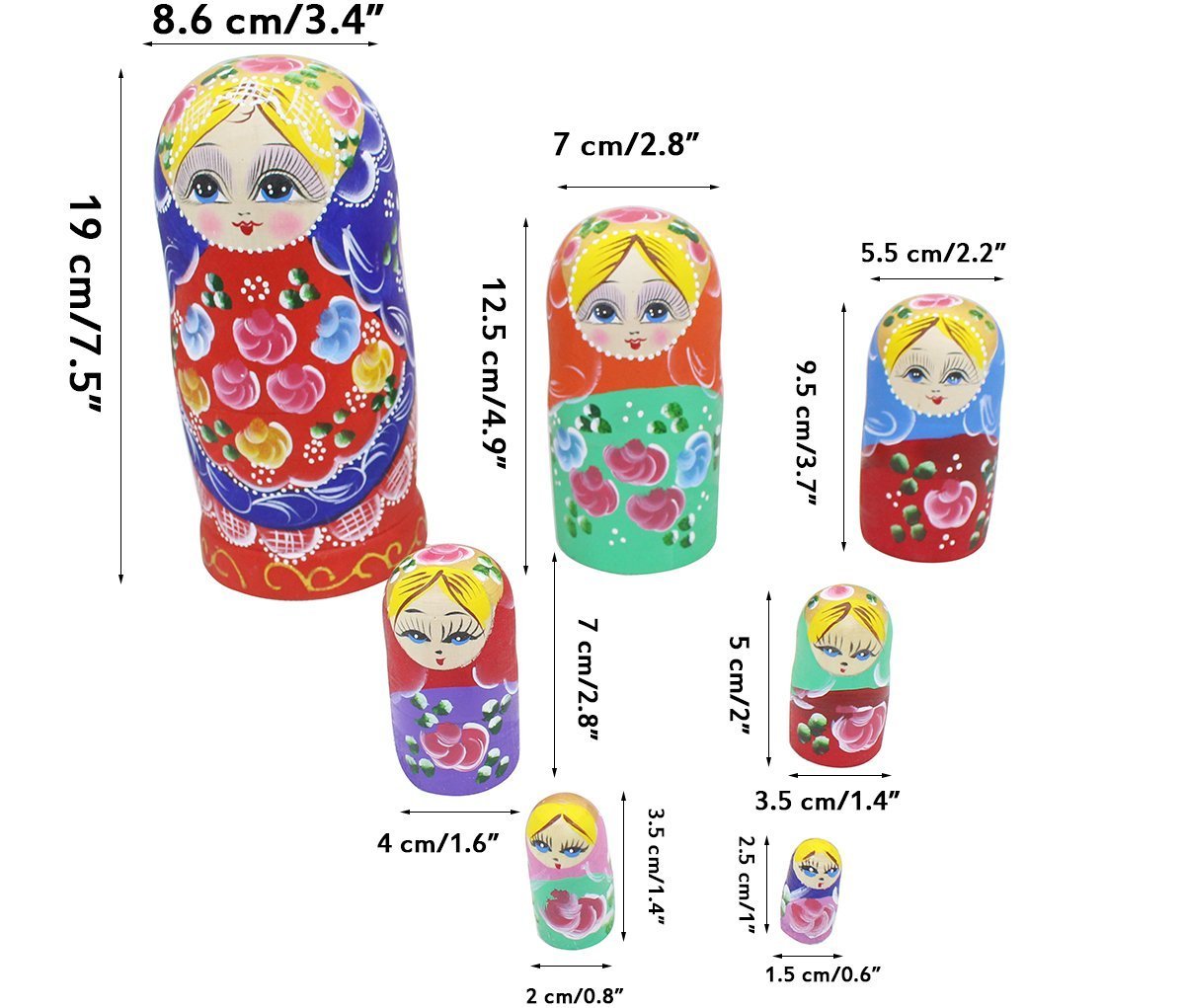 Set 7 Stück ländlicher Stil blondes Mädchen Blume mehrfarbig traditionelle russische Nesting Puppen handgefertigt Matrjoschka Puppe Holz Stapelspielzeug Kinder Spielzeug Geschenk