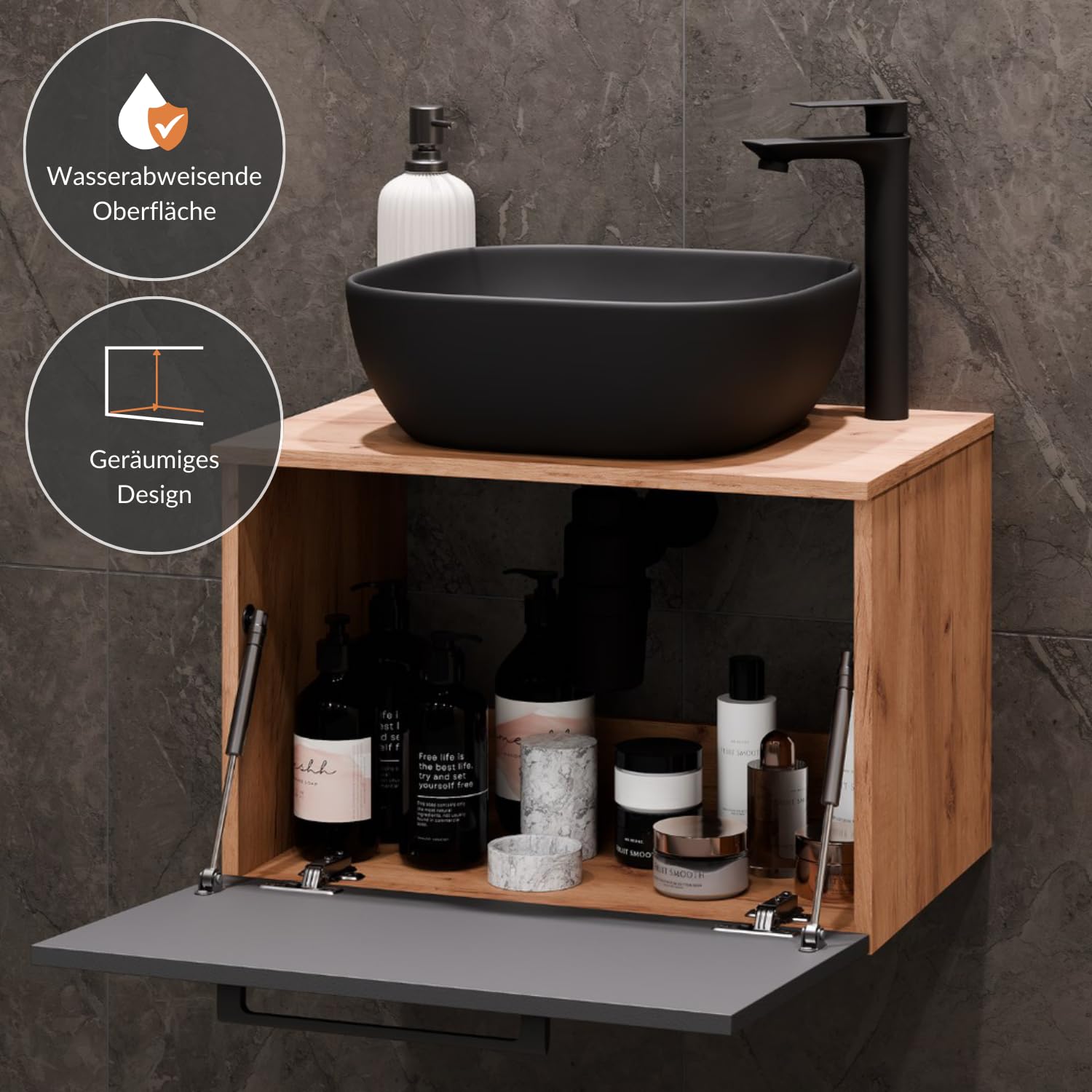 Planetmöbel Astra Badmöbel Set mit Waschtisch 60 cm mit 1x Seitenschrank Gold Eiche Anthrazit, Aufsatzwaschbecken 42 cm schwarz, Spiegel (mit LED) 50cm