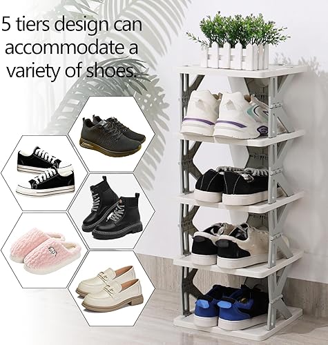 Miniatura 5 de Estante de plástico plegable para zapatos de 5 niveles, estante de almacenamiento estrecho para espacios pequeños, gris