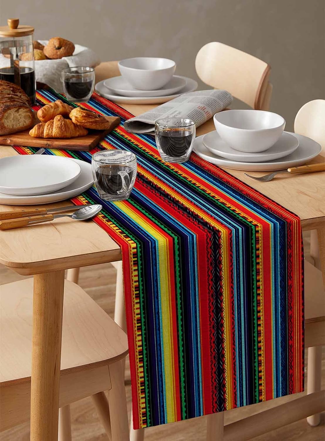 Table Runner 72" Length - Colorful Mexican Striped Linen Table Runners Dining Table Decoration Boho Tribal Native American Stripe Dresser Scarf Washable Tablerunners for Kitchen/Party