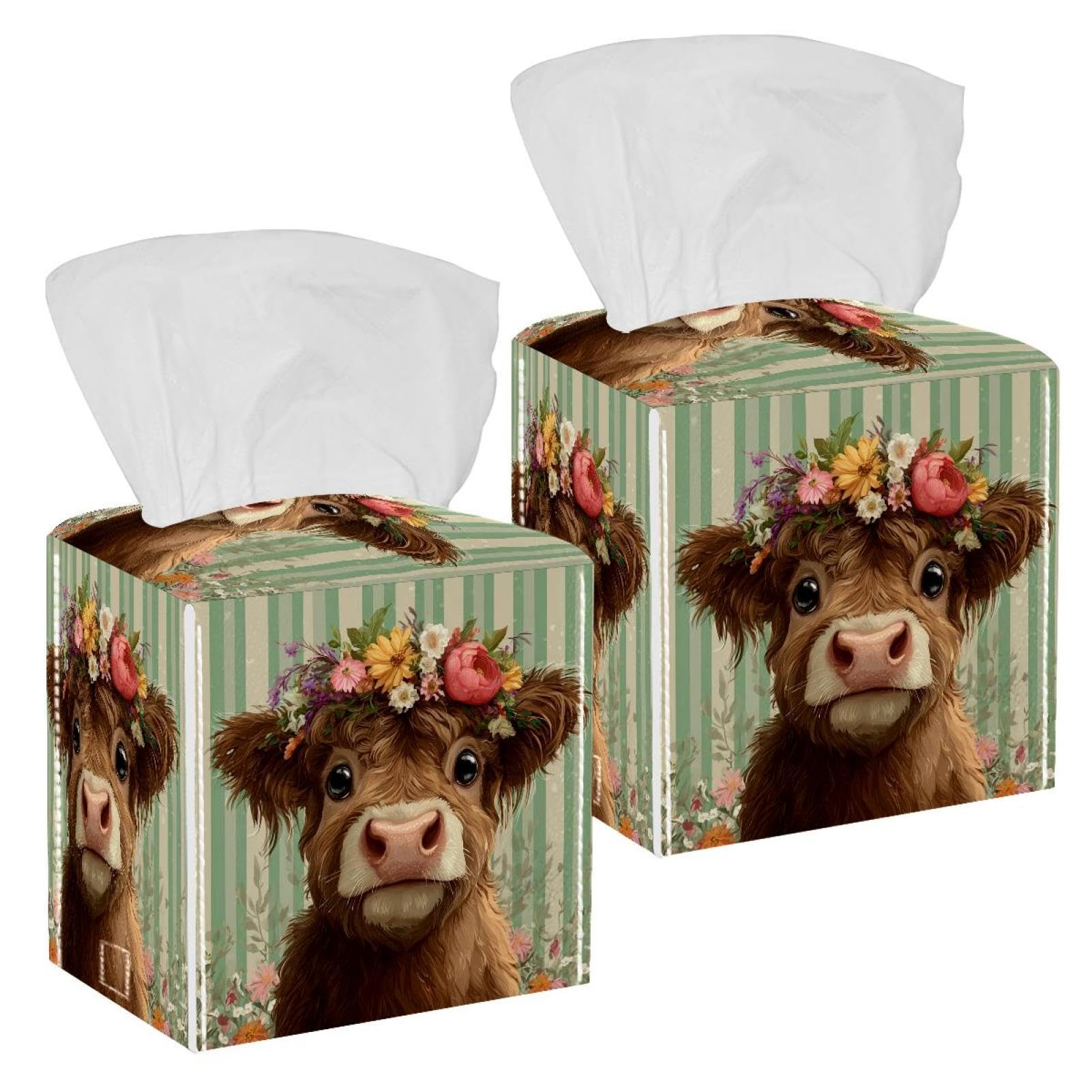 Highland Cow Tissue Box Cover, 2 Pack PU Leather Square Facial Tissue Dispenser Box holder for Home Office Car