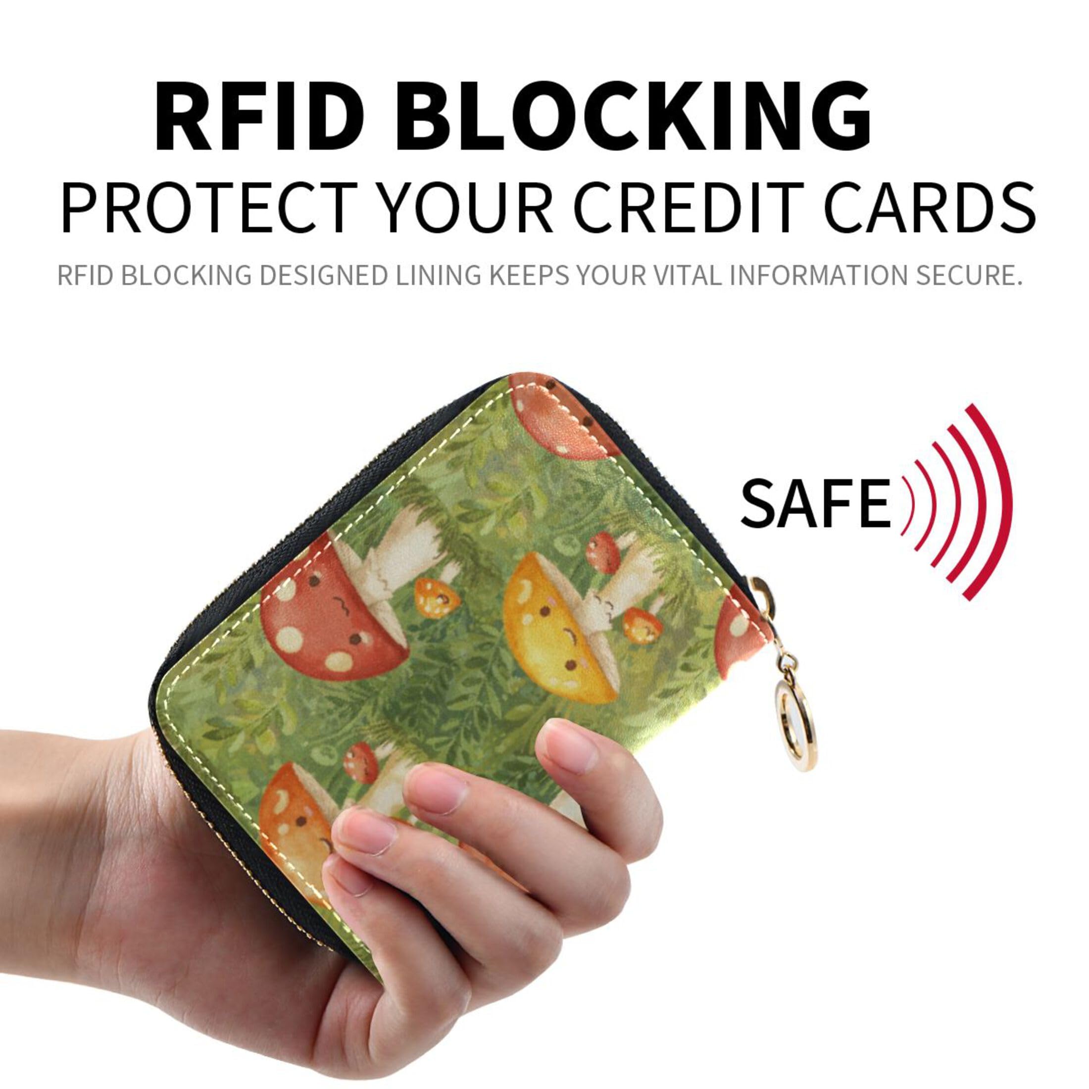 Burbuja Cartoon Mushrooms Credit Card Holder for Women Men RFID Blocking, Leather Accordion Zipper Card Case Wallet 11 Slots