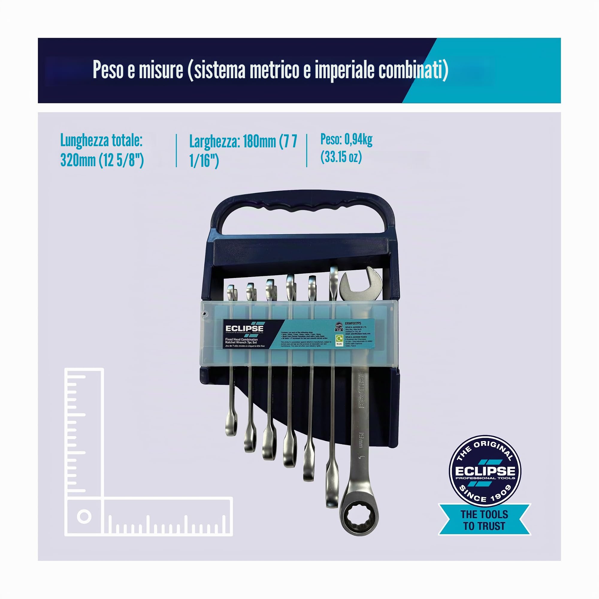 Eclipse Professional Tools ERWFIX7PS Set di 7 Chiavi a Cricchetto con Testa Fissa – 8–19mm, Acciaio Cromo Vanadio, 90 Denti, Alta Coppia, Finitura Satinata, per Auto e Manutenzione