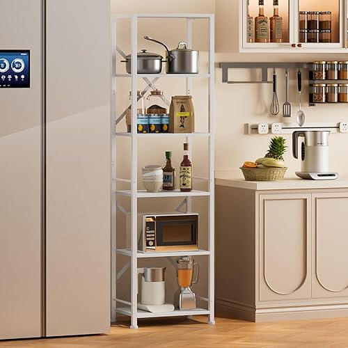 Miniatura 9 de Furologee Estantería alta blanca, estantería estrecha con 6 estantes, estantes independientes modernos, organizador de esquina de almacenamiento de