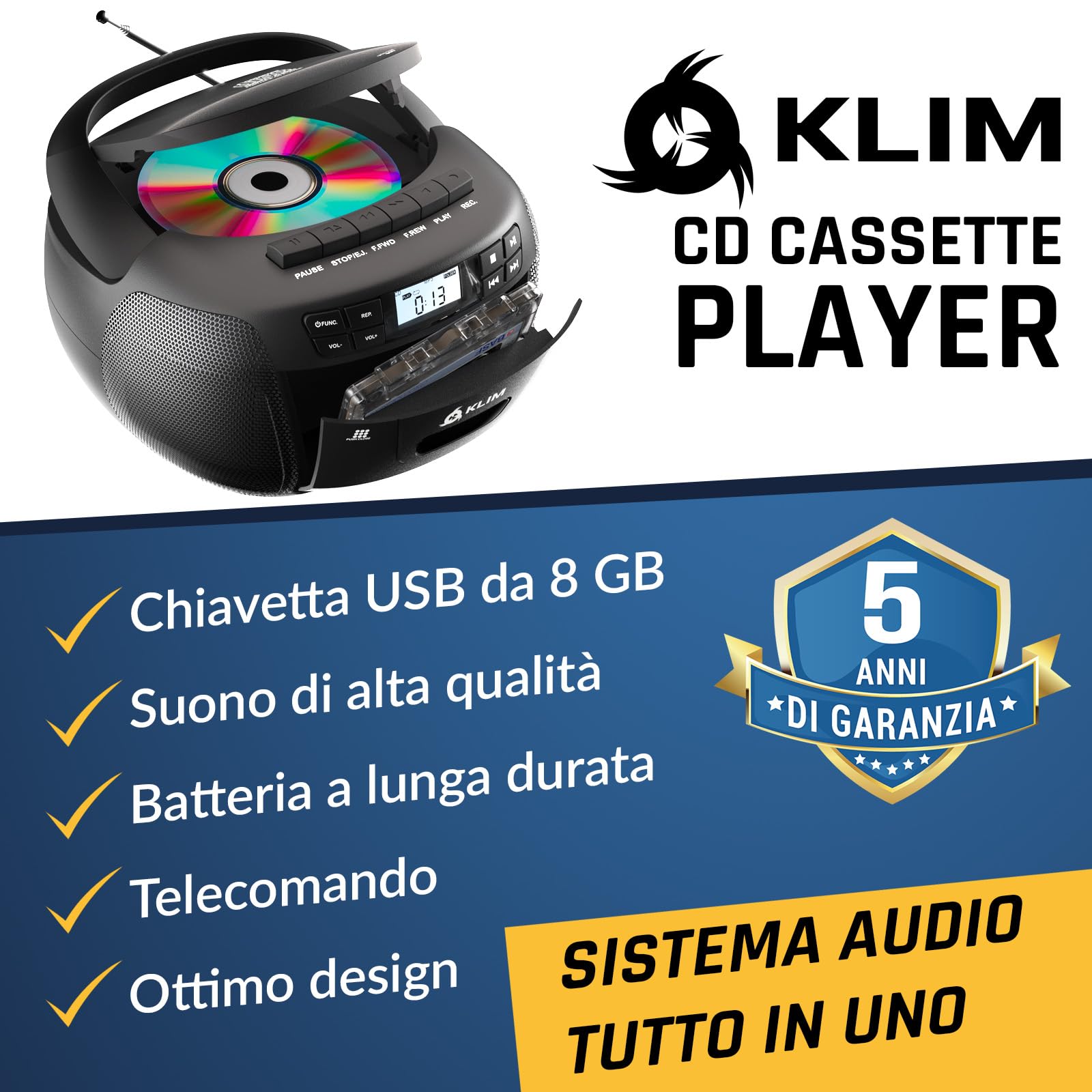 KLIM Lettore CD con USB Lettore Cassette Audio AM/FM Radio Bluetooth Stereo CD Player Telecomando Registrazione su Nastro AUX Radio Stereo per Casa Alimentazione AC/DC