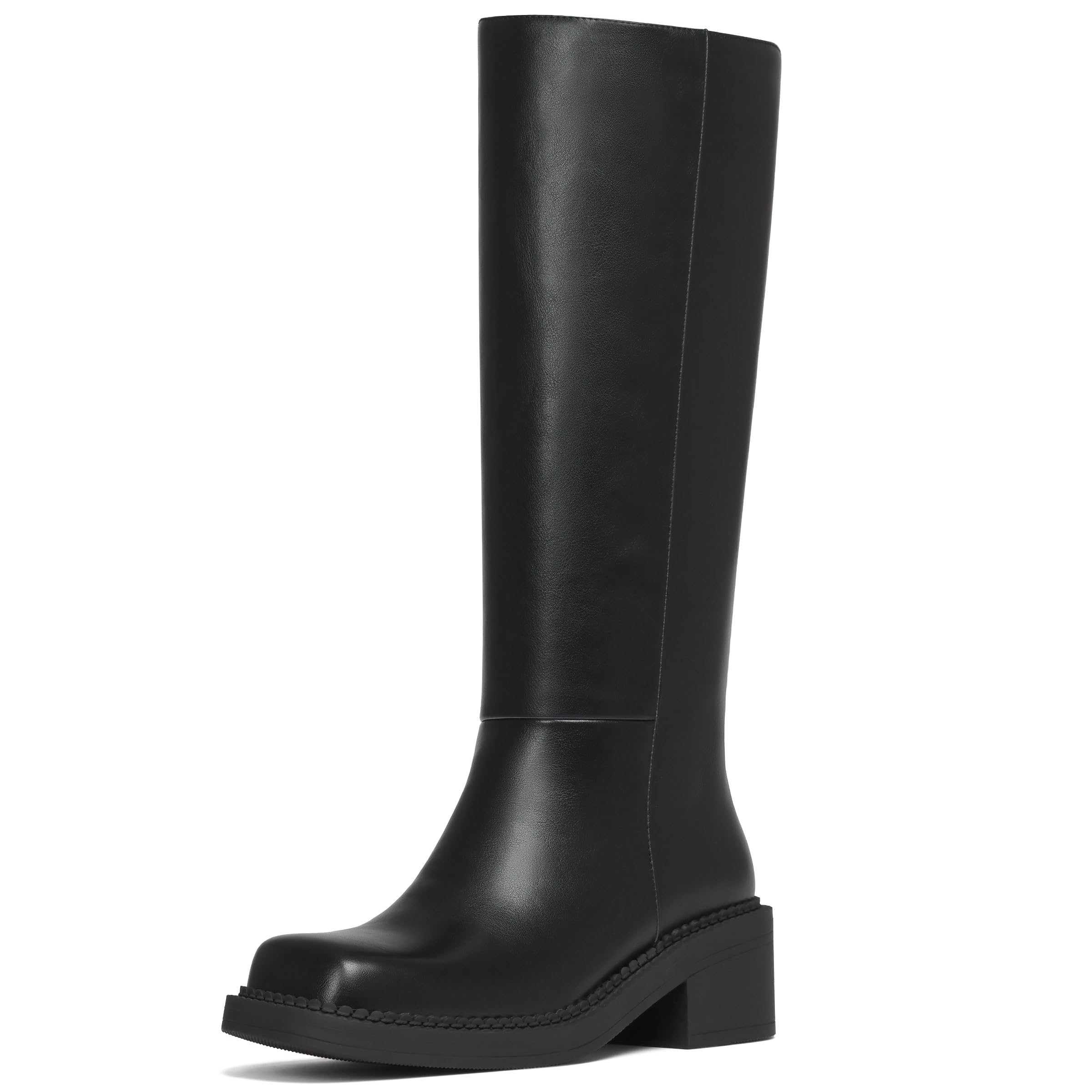 AMINUGAL Womens Knee High Boots Square Toe Chunky Block Low Heel Tall Boots for Women Extra Wide Calf