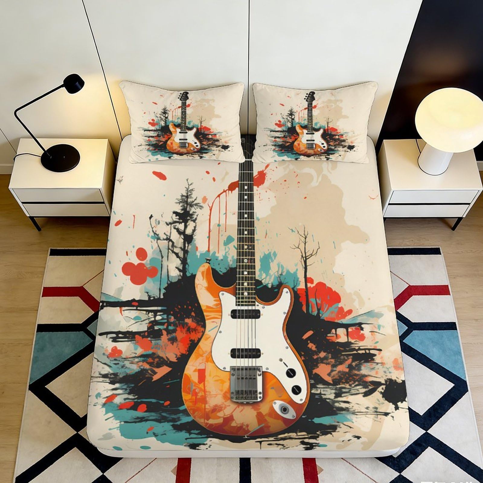 Pnayamiorkfel Style-3 3D Printed Electric Guitar Fitted Sheet Microfiber Artistic Splash Bed Cover For Bedroom Dorm Mattress Decor Protection 90X200x25cm