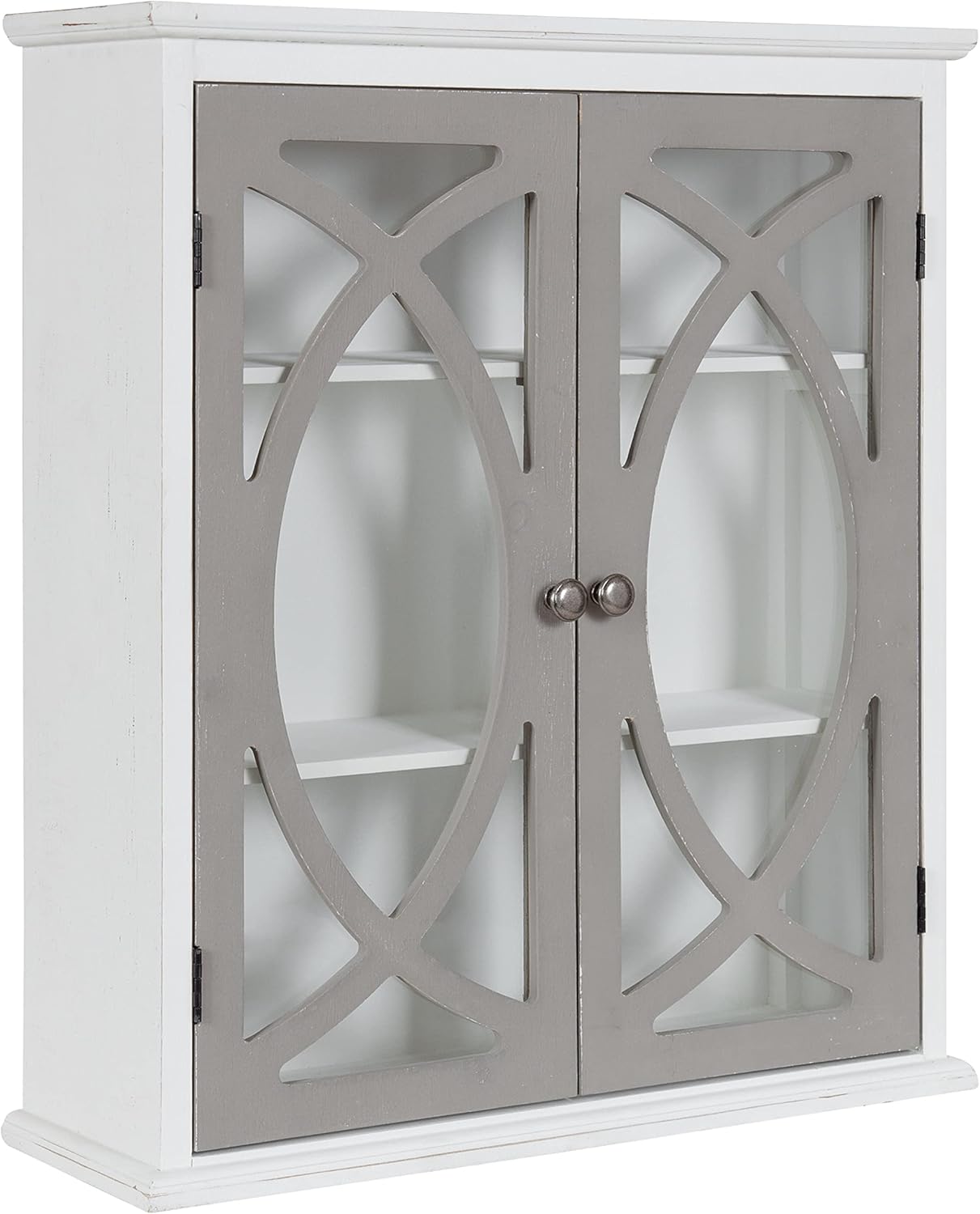 Kate and Laurel Quinlan Wood Wall Cabinet; 24 x 8 x 28; White and Gray; Decorative Traditional Storage Cabinet with Two Glass Doors and Three Interior Shelves