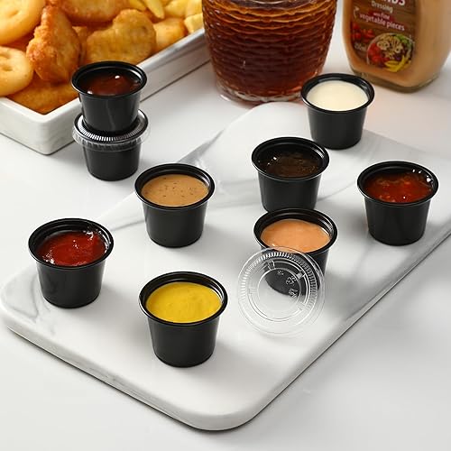 Miniatura 4 de AOZITA Vasos de gelatina negra de 130-1 oz, tazas de porciones, recipientes pequeños de plástico con tapas, tazas herméticas para soufflé,