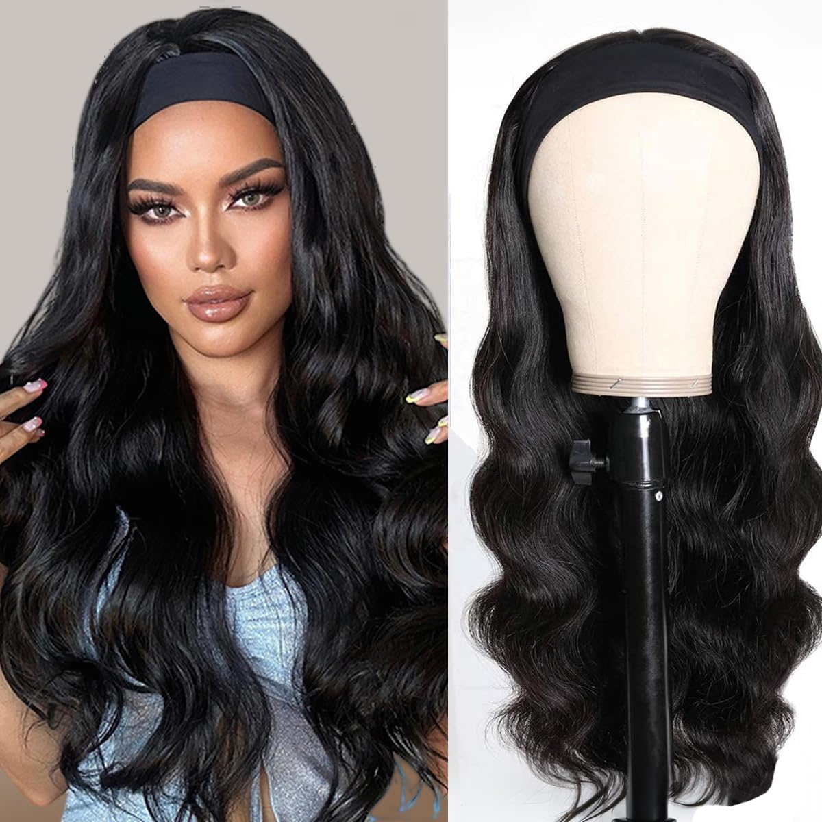 Headband Wig Human Hair 20 inch None Lace Front Wig Human Hair Glueless Wigs Body Wave Headband Half Wigs for Black Women 150% Density Natural Color