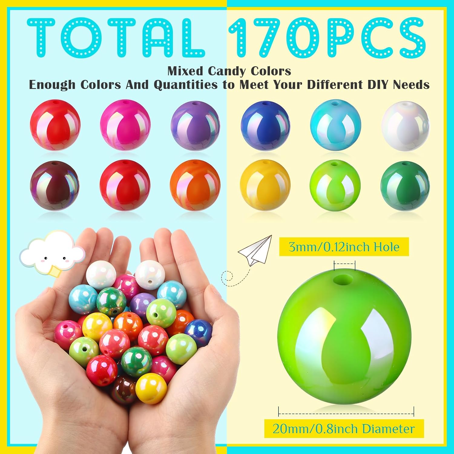 Huquary 170 Pcs Round Bubblegum Beads - 20 mm Multicolor Acrylic Chunky Beads Mixed Color Opaque with 3 mm Hole for Pen Necklace Jewelry Making Crafts Supplies (AB Color)