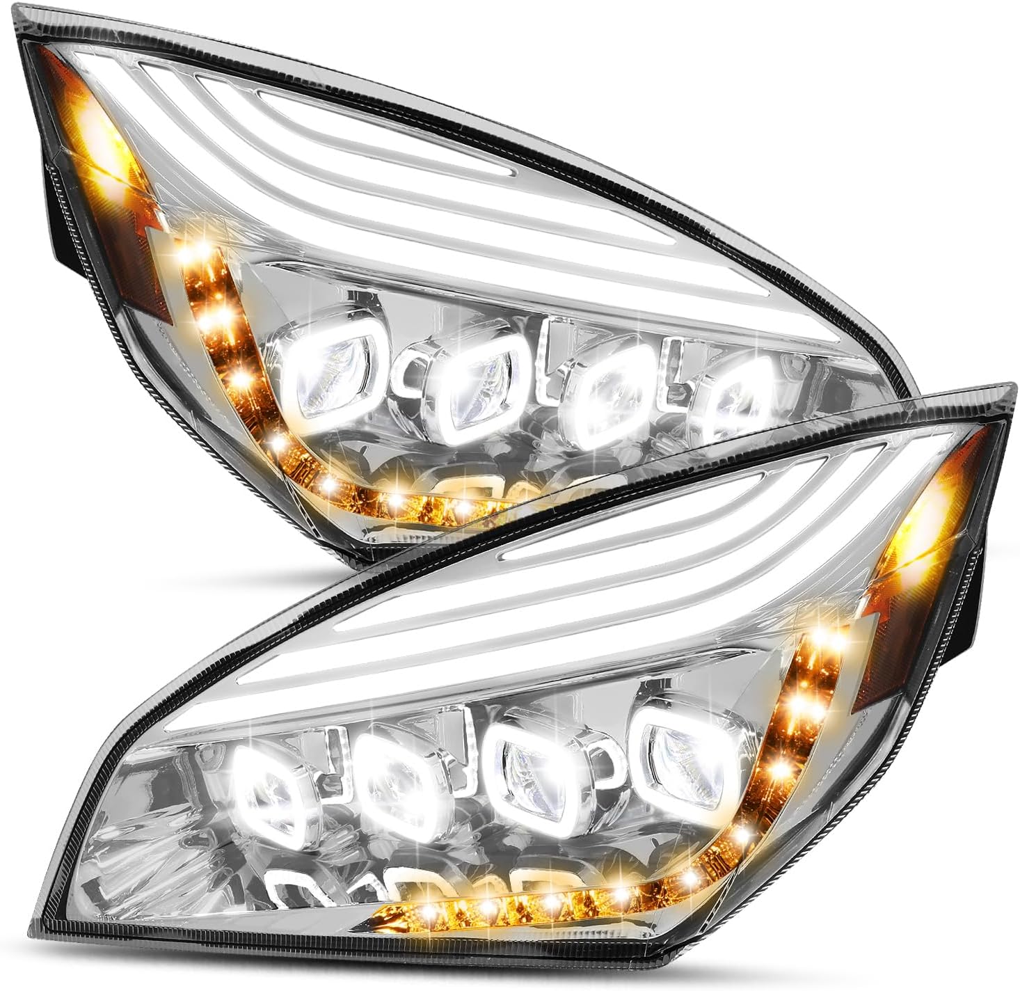 LED Projector Headlight Assembly Compatible with Freightliner Cascadia 18-21 Quad LED Halo DRL Sequential Turn Signal Headlamps CAAP-HAY-024-CH-HL