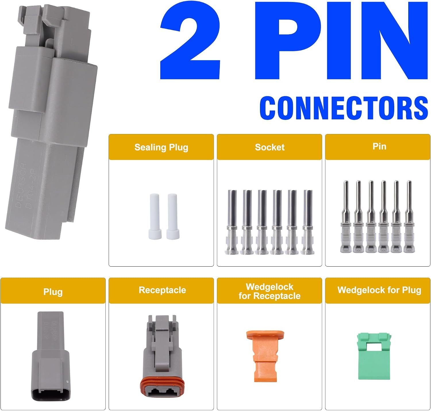 3 Sets Deutsch 2 Pin DT Connector Waterproof Electrical Wire Connector DT04-2P DT06-2S with Deutsch Solid Contacts 14-20 AWG and Sealing Plugs for Truck, Off-Road Vehicles, Marine, Motorcycle