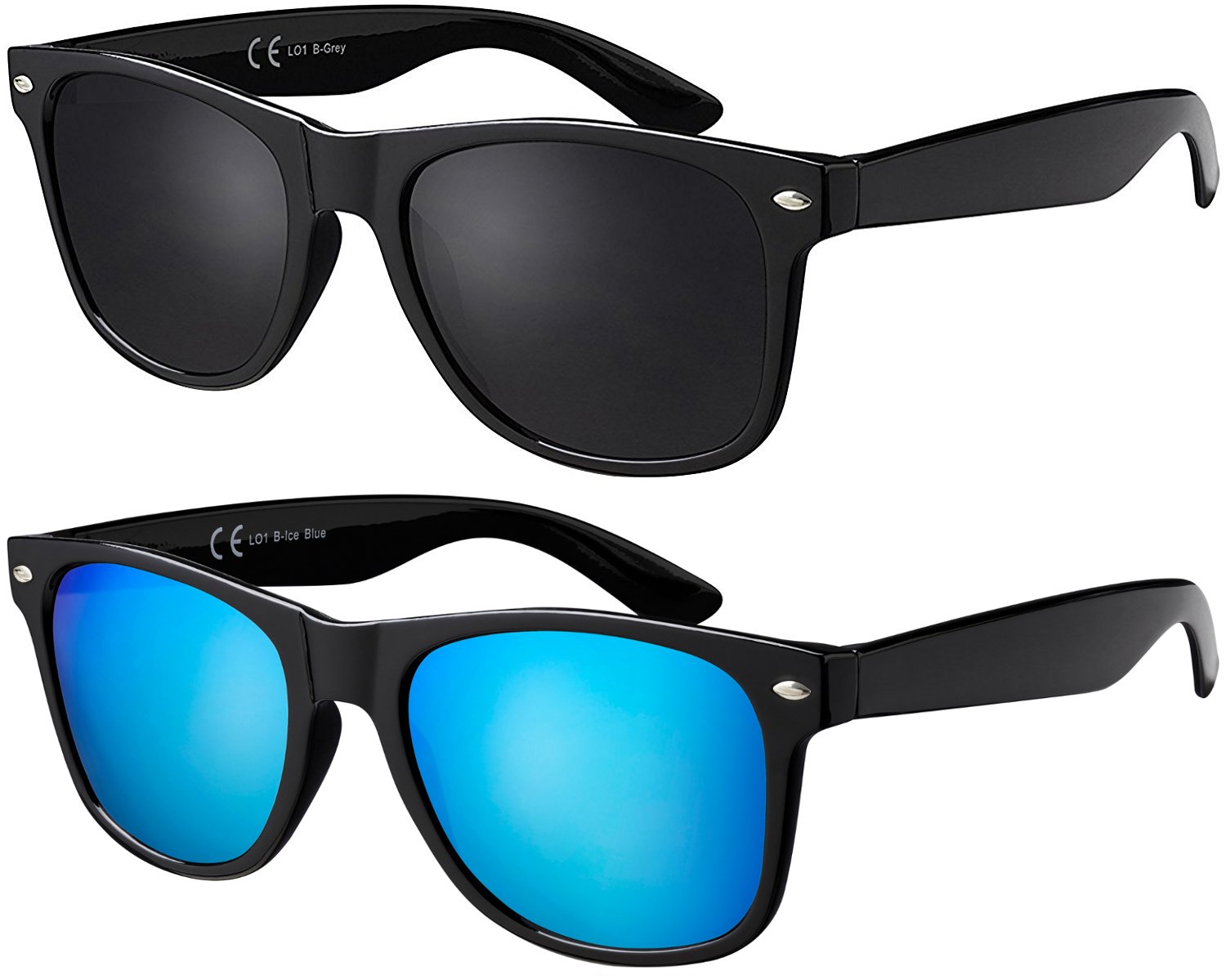 La Optica B.L.M. Herren Sonnenbrille UV400 CAT 3 Damen Unisex Retro Vintage - Party Festival Set Glänzend Schwarz (Gläser: Grau, Türkis Verspiegelt)