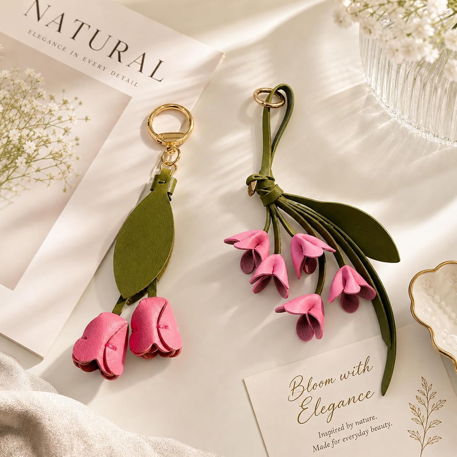 2-Piece Set with Floral Accents,Leather Flower Bag Charm,Versatile Decoration for Bags and Personal Items, PU Leather Material for Daily Use and Gift Giving