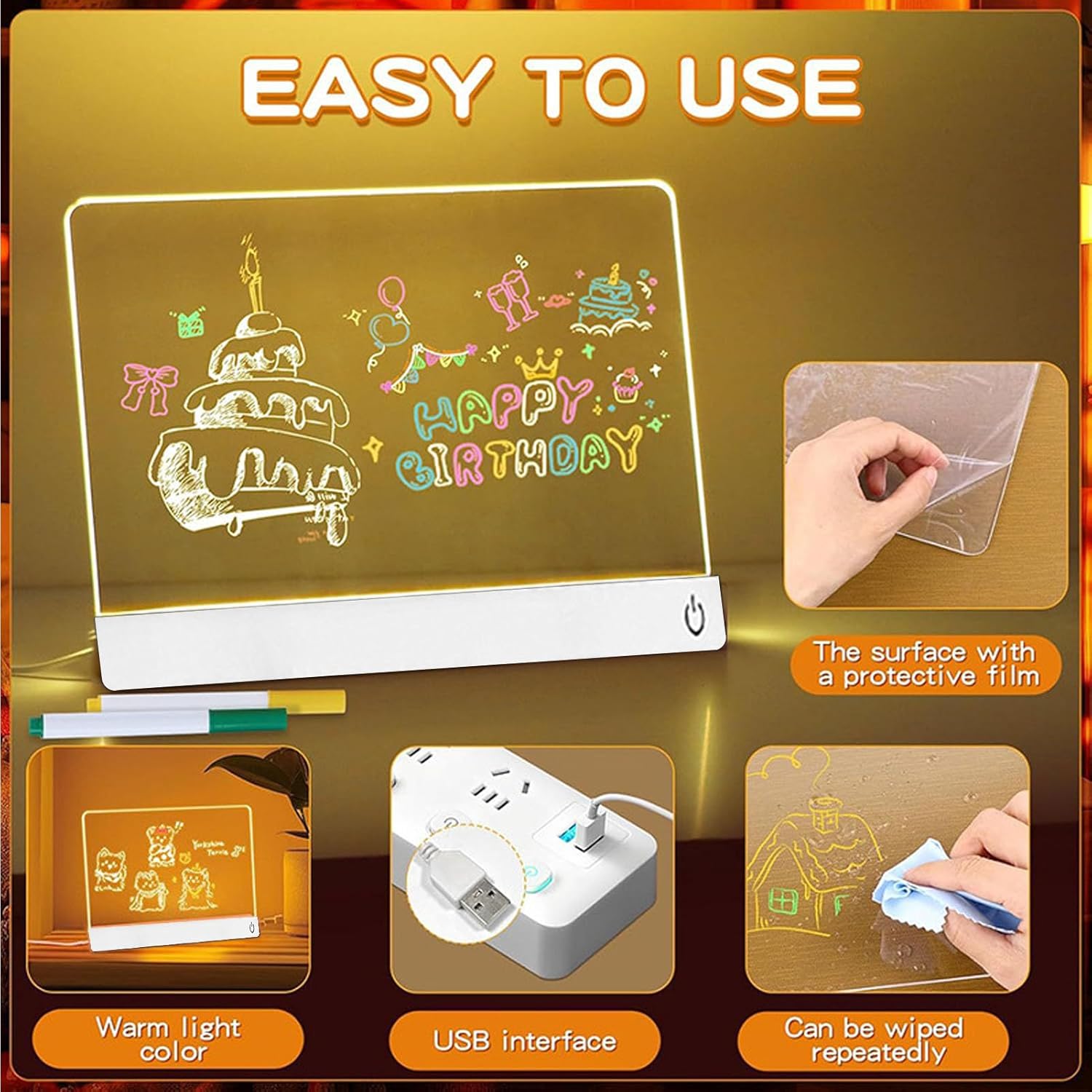Estink LED Note Board, Acrylic Light Up Dry Erase Board with 7 RGB Lights, Dynamic Modes, 13.8 Inch Size for Art, Memo, Kids Learning